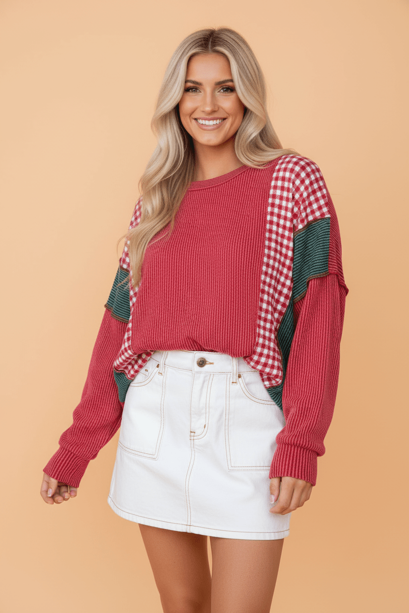 Gingham Patchwork Corded Knit Long Sleeve Top - Rooted & Reckless Co.