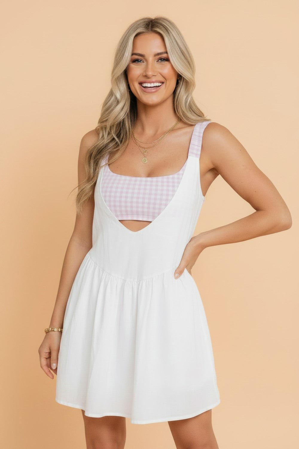 Gingham Patchwork Faux Two Piece Mini Dress - Rooted & Reckless Co.