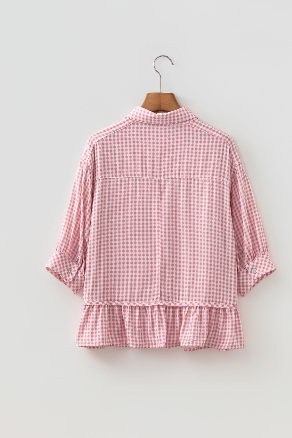 Gingham Plaid 3/4 Sleeve Ruffle Buttoned Shirt - Rooted & Reckless Co.