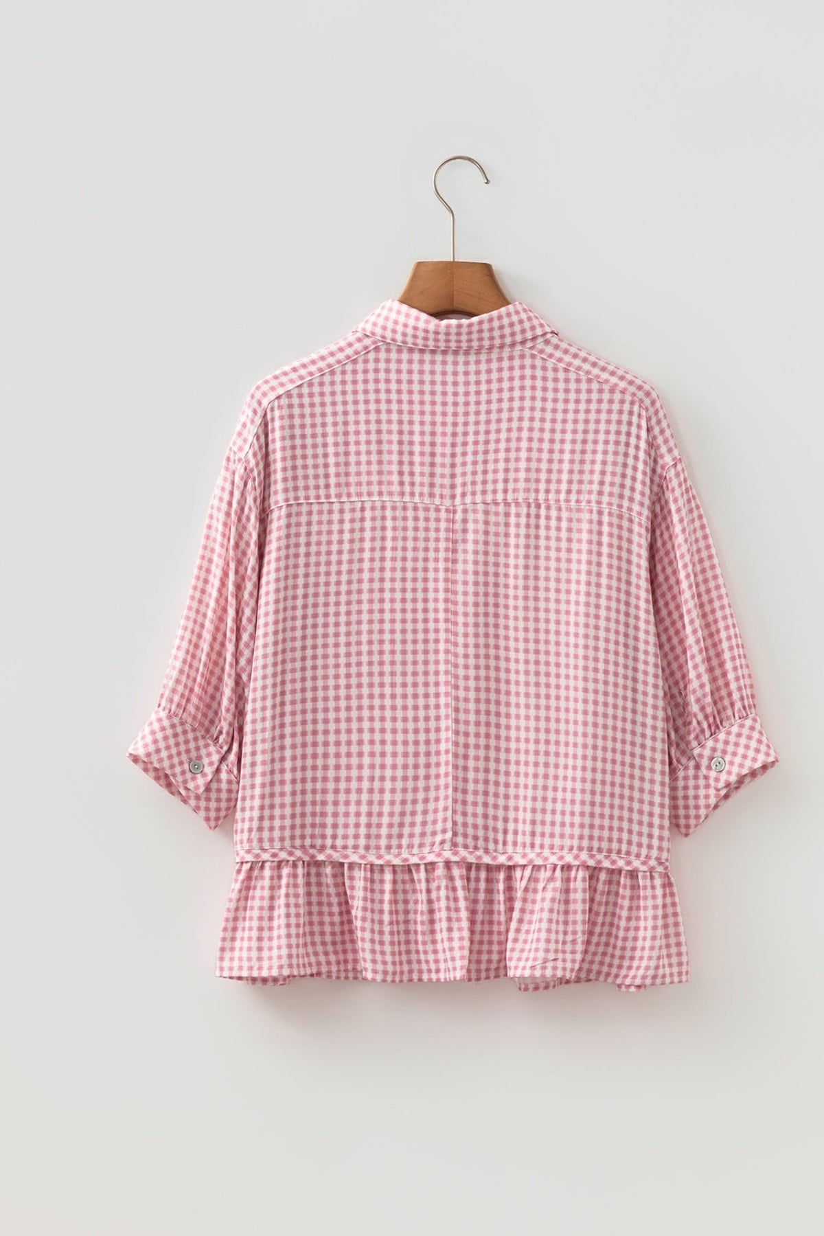 Gingham Plaid 3/4 Sleeve Ruffle Buttoned Shirt - Rooted & Reckless Co.