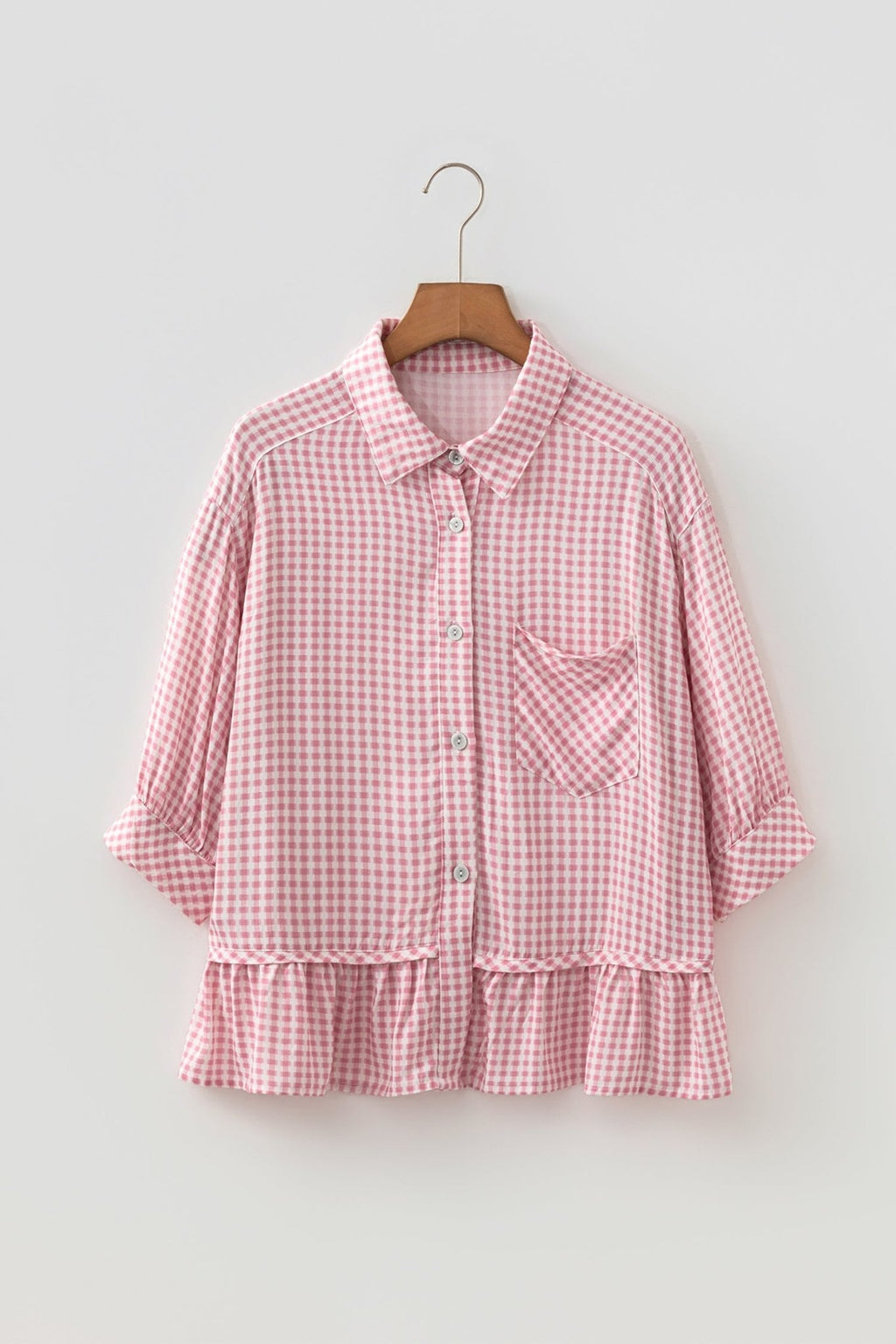 Gingham Plaid 3/4 Sleeve Ruffle Buttoned Shirt - Rooted & Reckless Co.