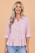 Gingham Plaid 3/4 Sleeve Ruffle Buttoned Shirt - Rooted & Reckless Co.