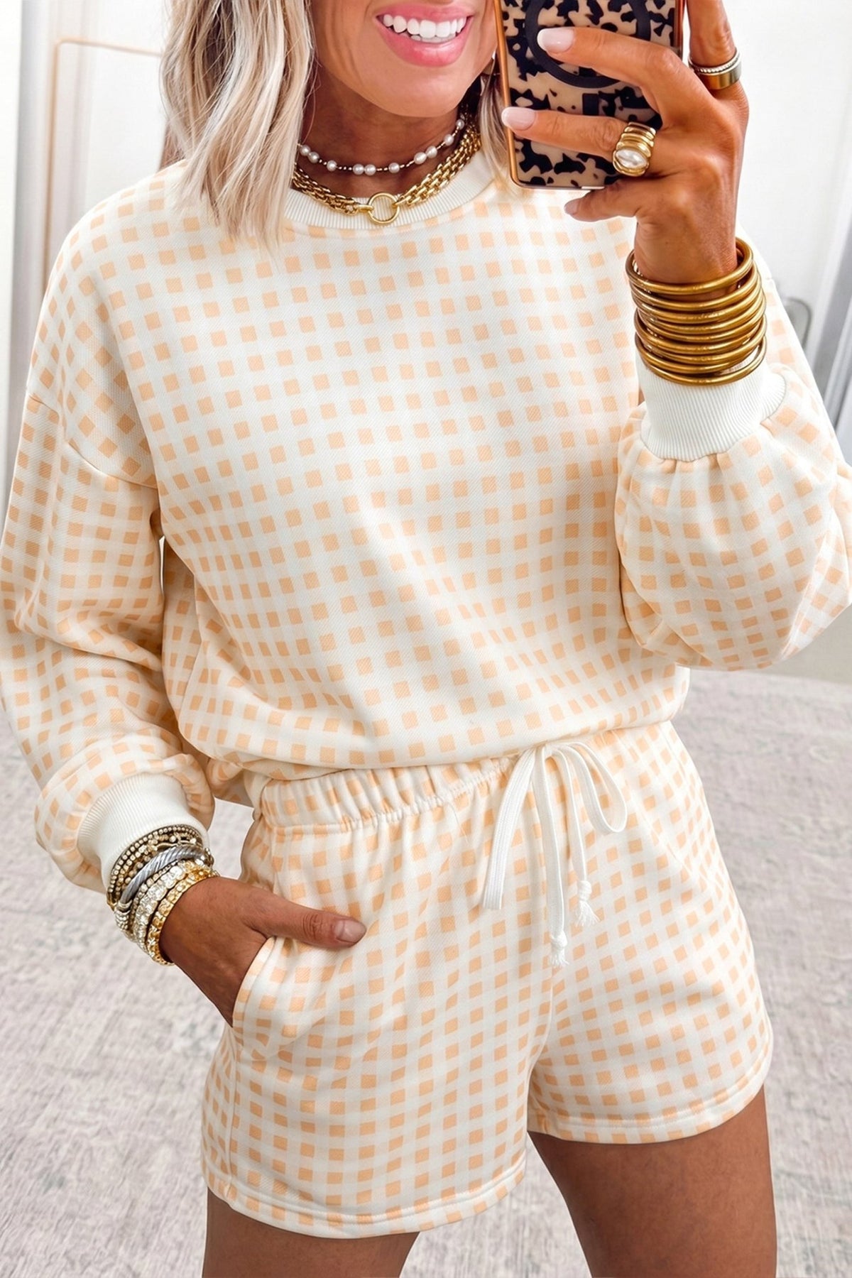 Gingham Plaid Baggy Pullover and Drawstring Shorts Set - Rooted & Reckless Co.