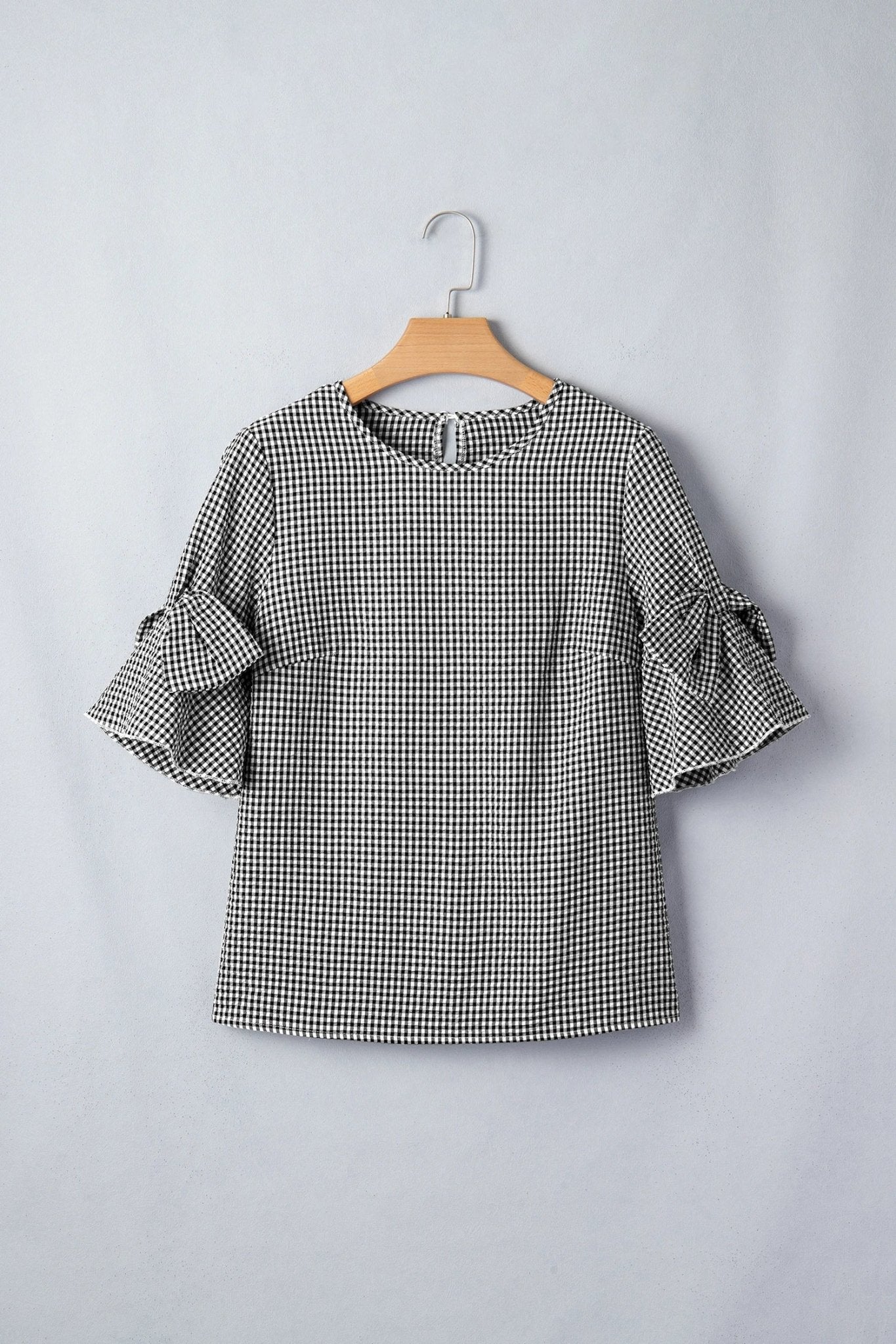 Gingham Plaid Bow Ruffle 3/4 Sleeve Blouse - Rooted & Reckless Co.