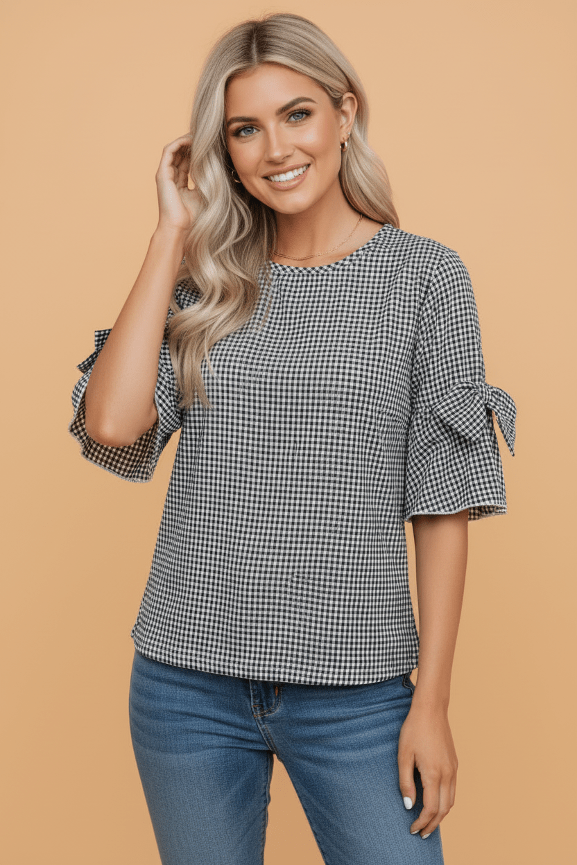 Gingham Plaid Bow Ruffle 3/4 Sleeve Blouse - Rooted & Reckless Co.