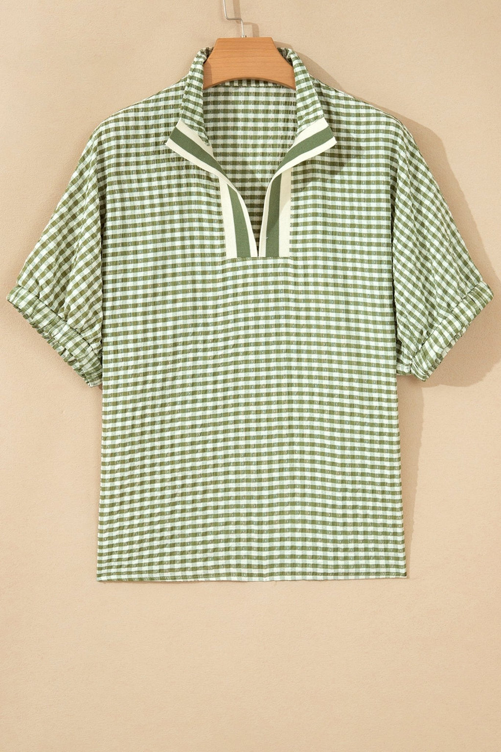 Gingham Plaid Colorblock Trim Split Neck Blouse - Rooted & Reckless Co.