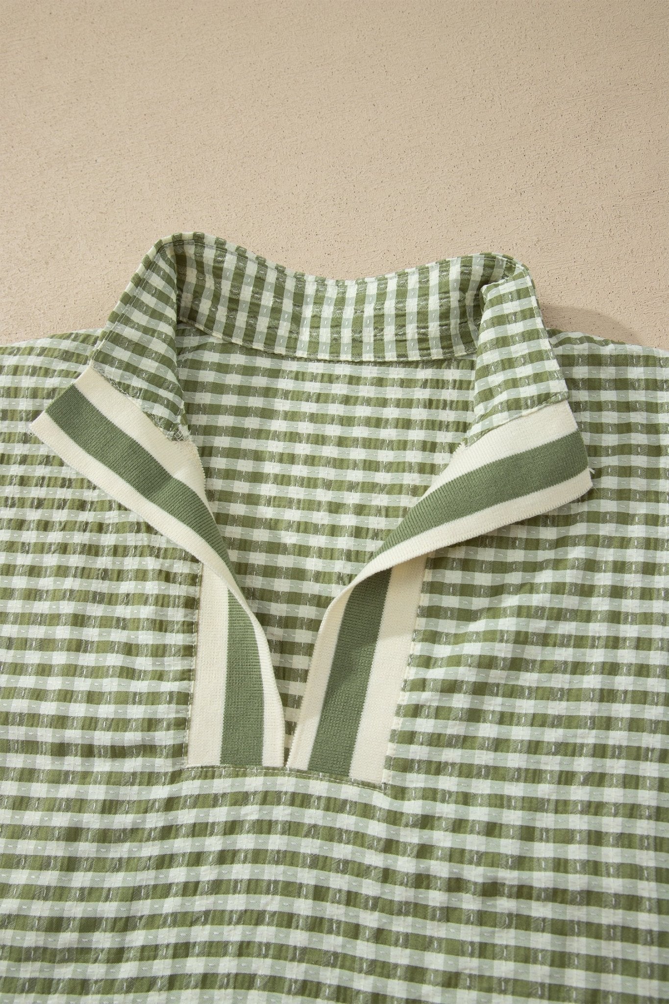 Gingham Plaid Colorblock Trim Split Neck Blouse - Rooted & Reckless Co.