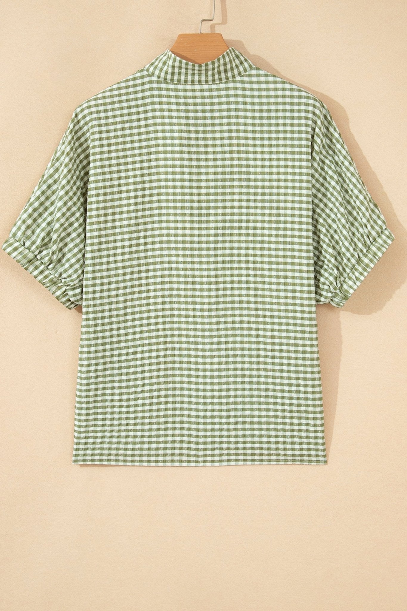 Gingham Plaid Colorblock Trim Split Neck Blouse - Rooted & Reckless Co.