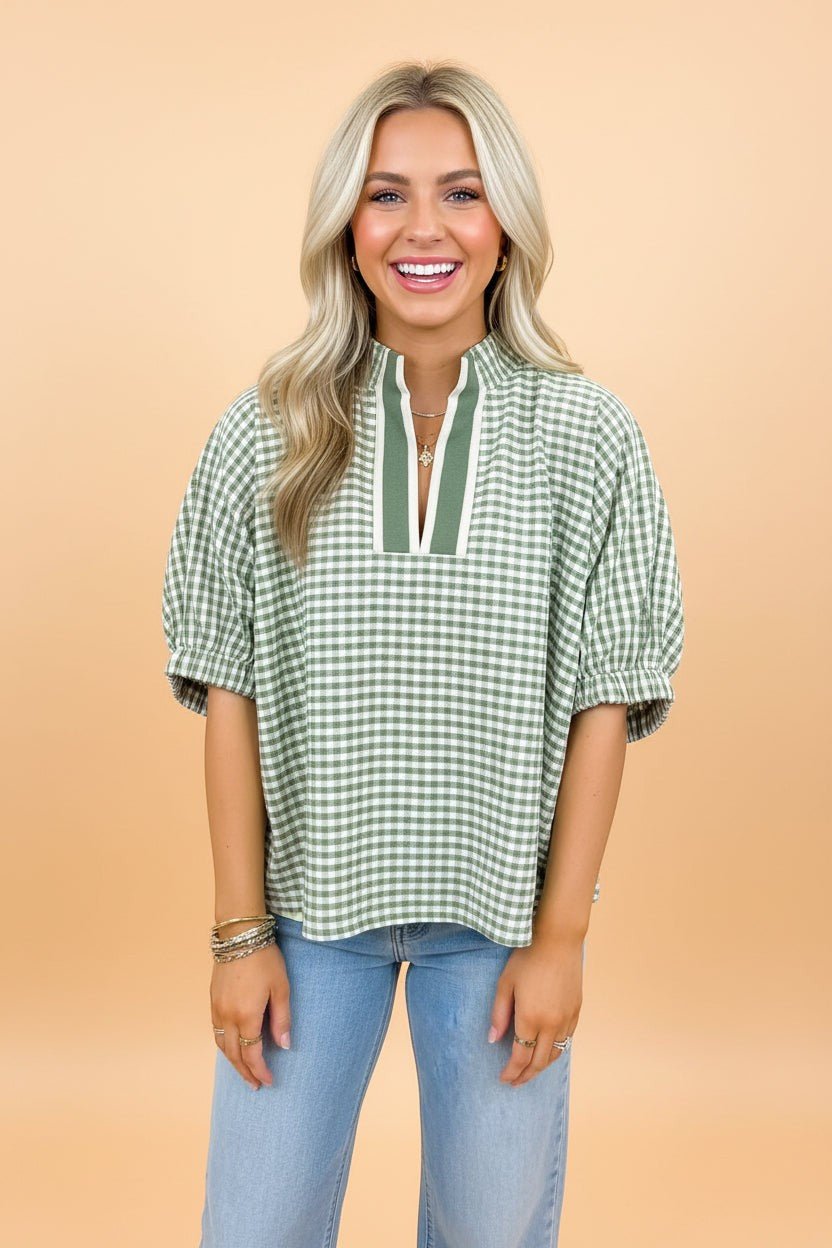 Gingham Plaid Colorblock Trim Split Neck Blouse - Rooted & Reckless Co.