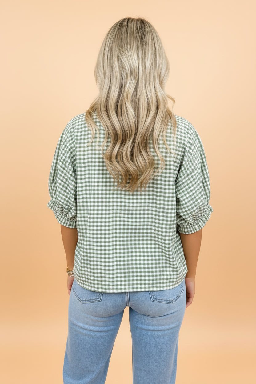 Gingham Plaid Colorblock Trim Split Neck Blouse - Rooted & Reckless Co.