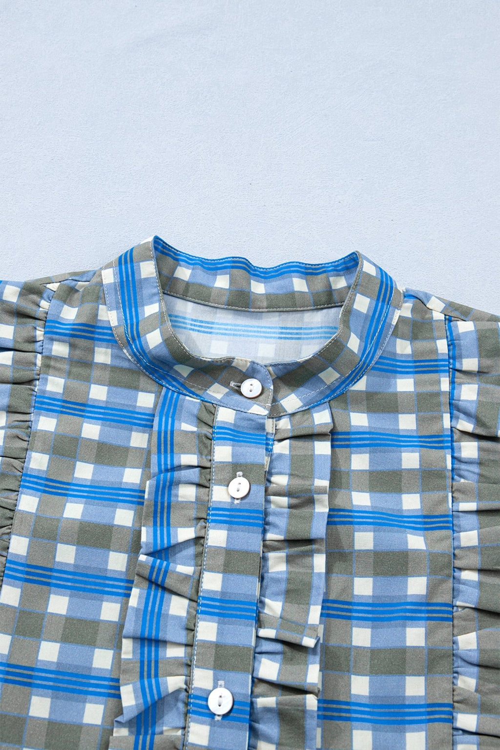 Gingham Plaid Long Sleeve Frilled Half Button Blouse - Rooted & Reckless Co.