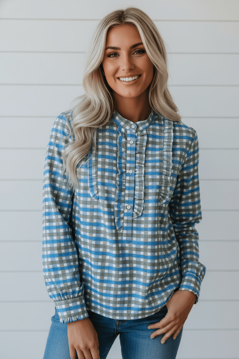 Gingham Plaid Long Sleeve Frilled Half Button Blouse - Rooted & Reckless Co.