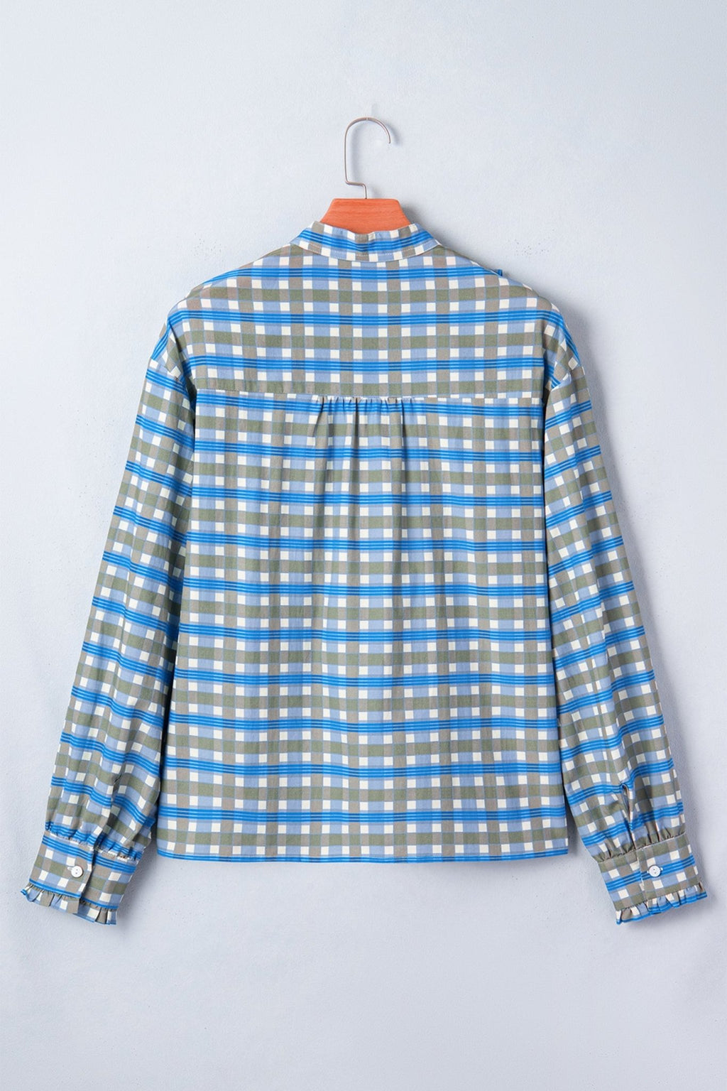 Gingham Plaid Long Sleeve Frilled Half Button Blouse - Rooted & Reckless Co.
