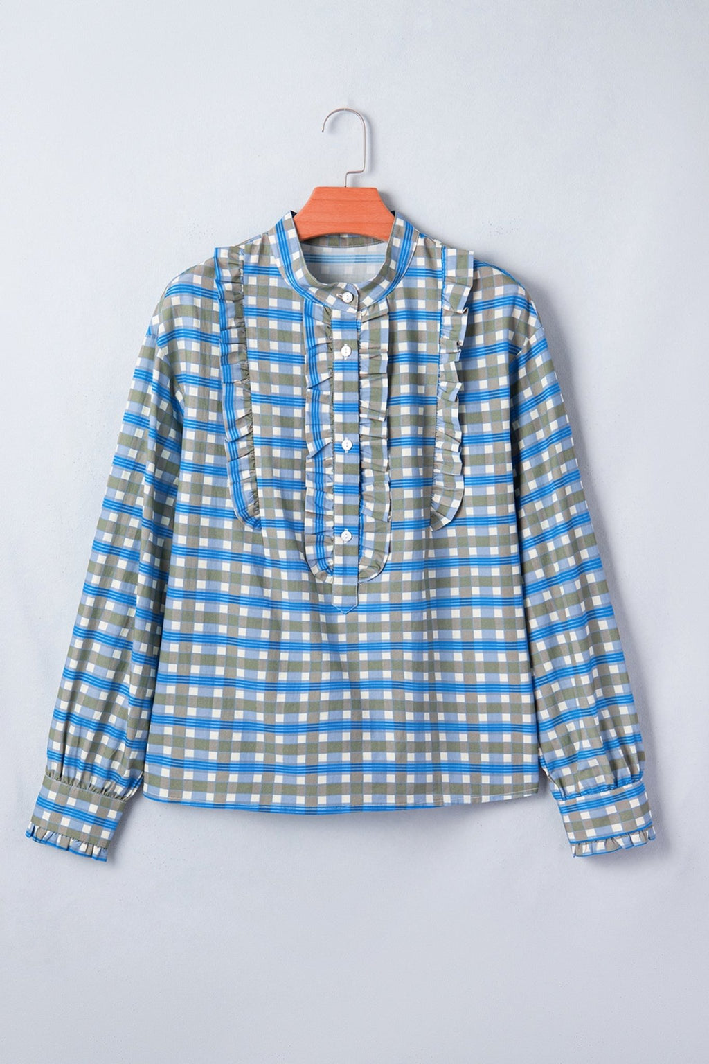 Gingham Plaid Long Sleeve Frilled Half Button Blouse - Rooted & Reckless Co.