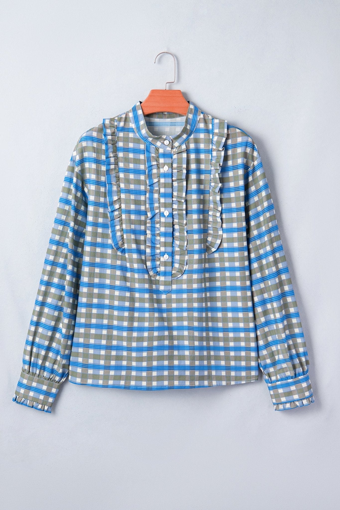 Gingham Plaid Long Sleeve Frilled Half Button Blouse - Rooted & Reckless Co.