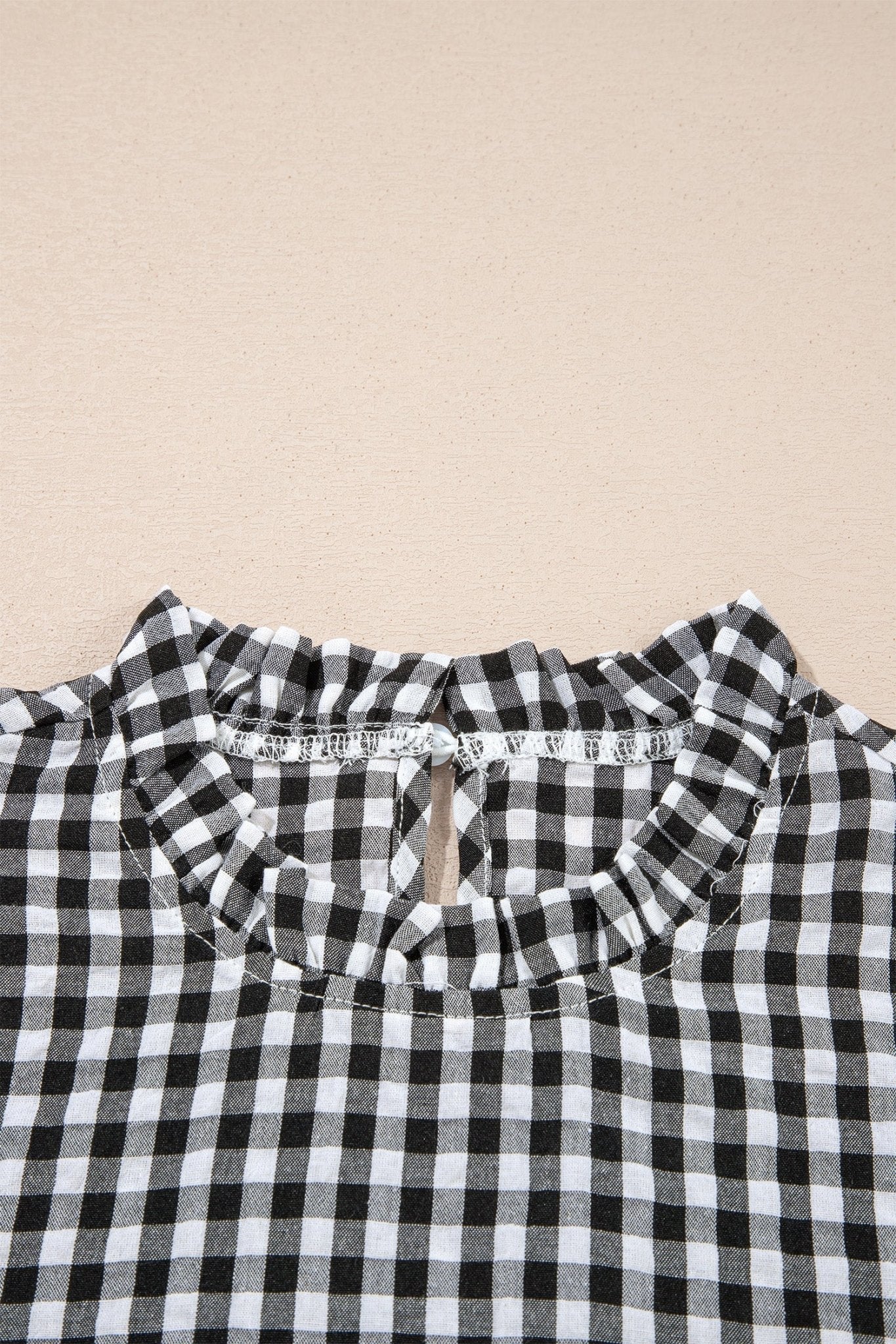 Gingham Plaid Puff Sleeve Frilled Neck Blouse - Rooted & Reckless Co.