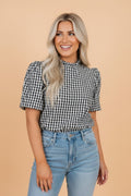 Gingham Plaid Puff Sleeve Frilled Neck Blouse - Rooted & Reckless Co.