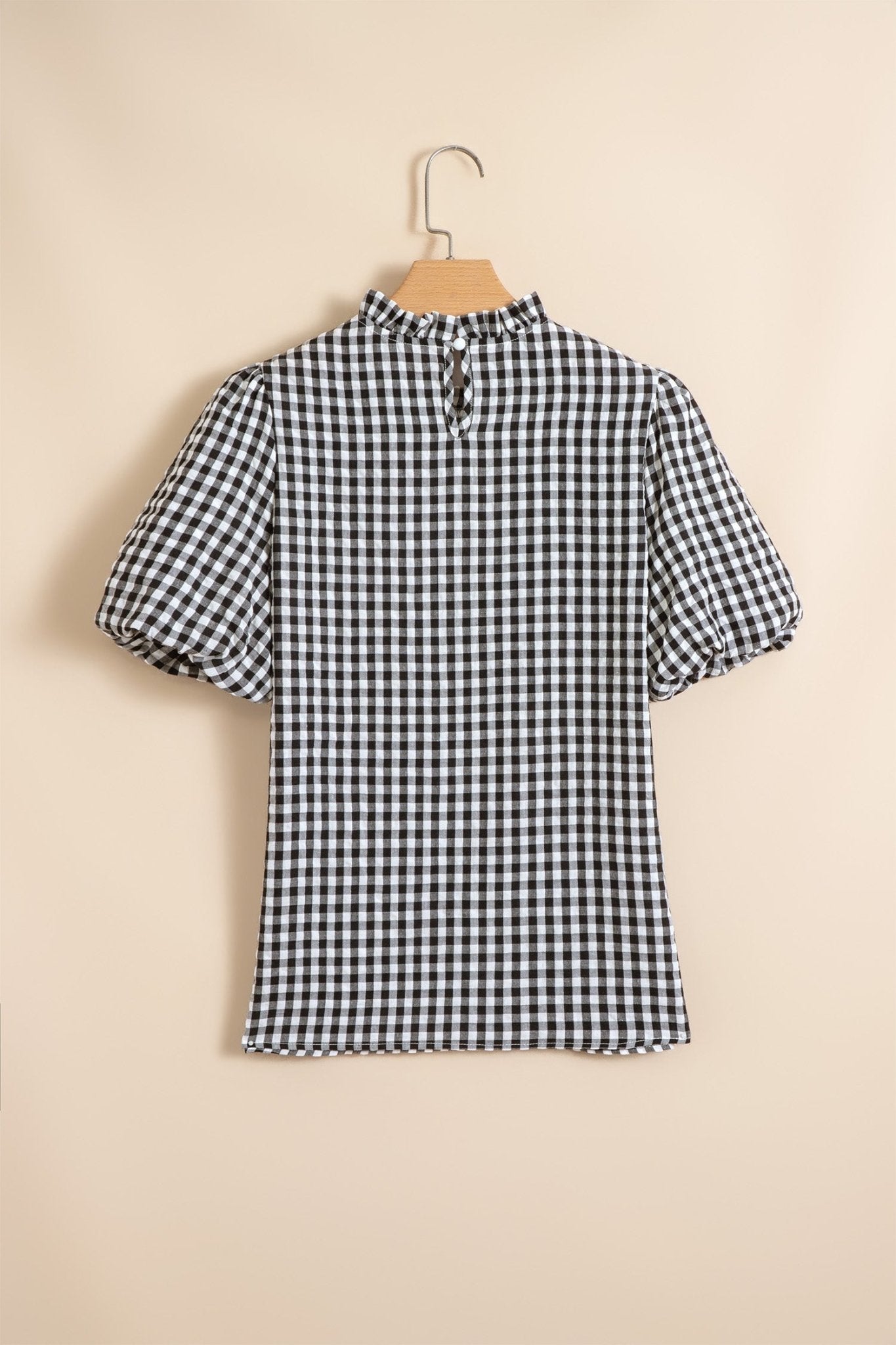 Gingham Plaid Puff Sleeve Frilled Neck Blouse - Rooted & Reckless Co.