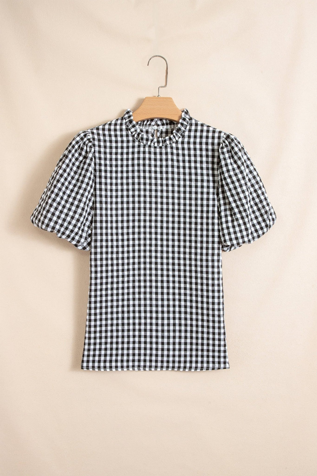 Gingham Plaid Puff Sleeve Frilled Neck Blouse - Rooted & Reckless Co.