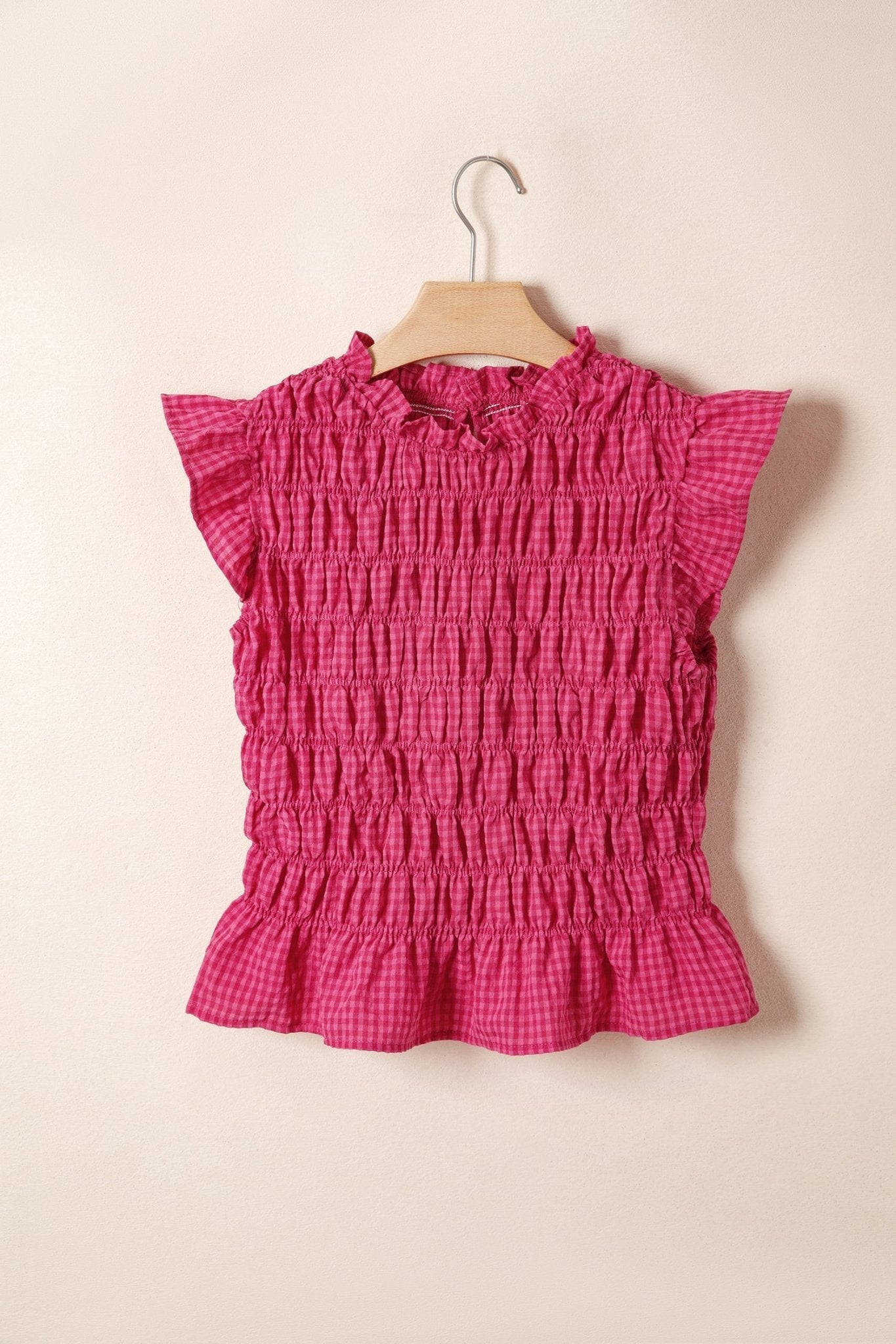 Gingham Plaid Shirred Ruffle Trim Tank Top - Rooted & Reckless Co.