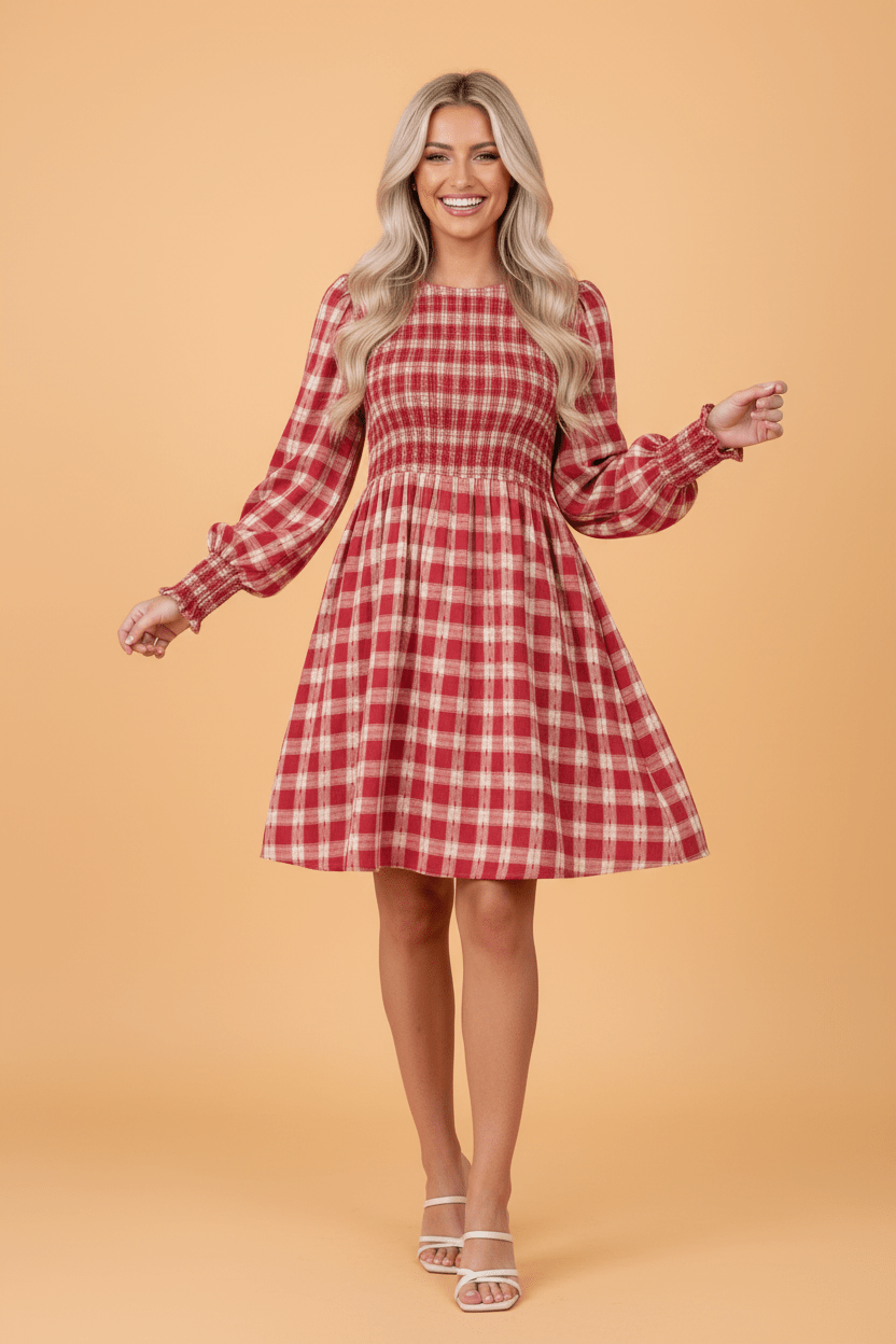 Gingham Plaid Smocked Puff Sleeve Mini Dress - Rooted & Reckless Co.