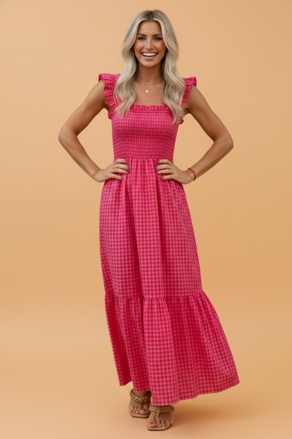 Gingham Plaid Smocked Square Neck Sundress - Rooted & Reckless Co.
