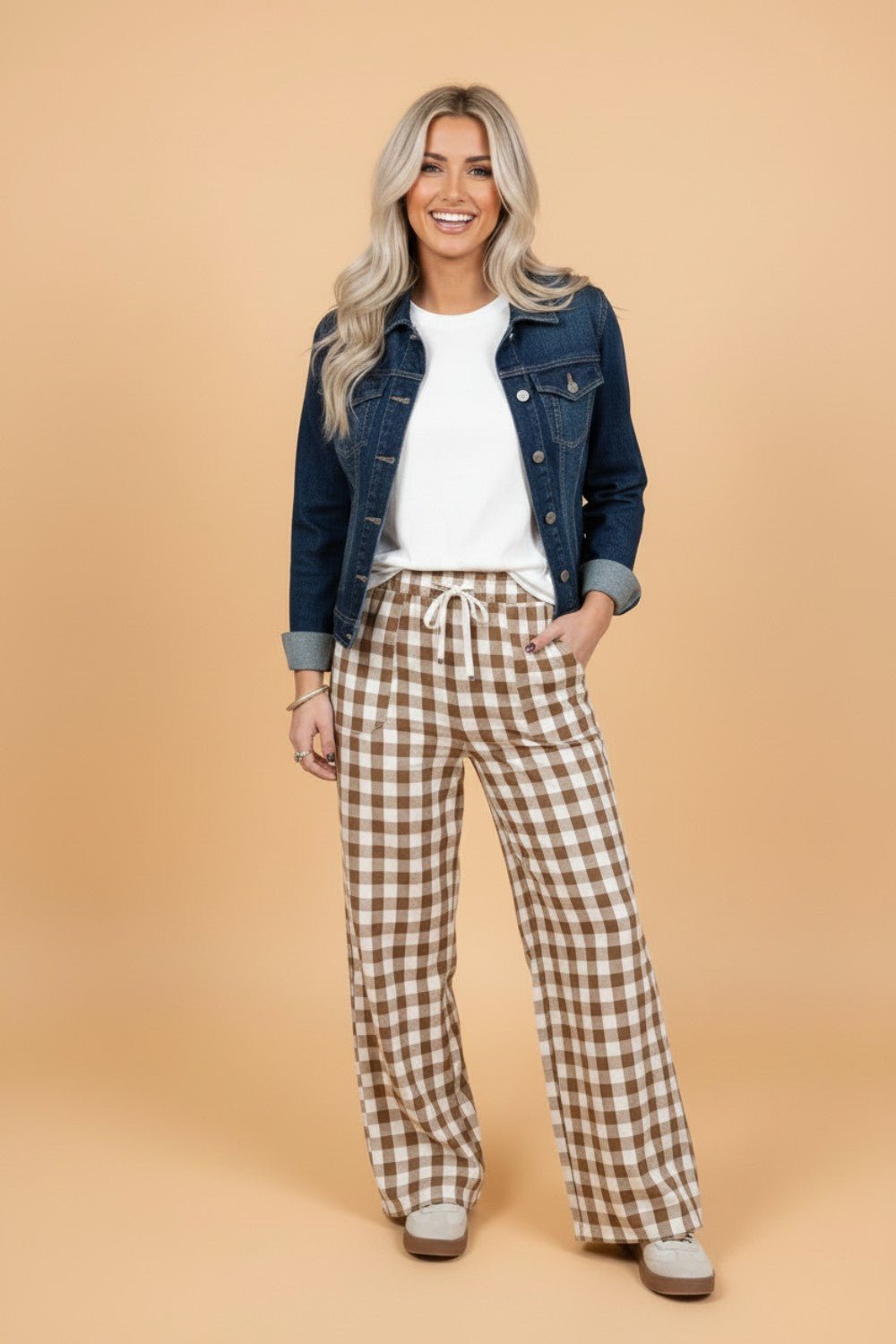 Gingham Plaid Tie Waist Elastic Shift Pants - Rooted & Reckless Co.