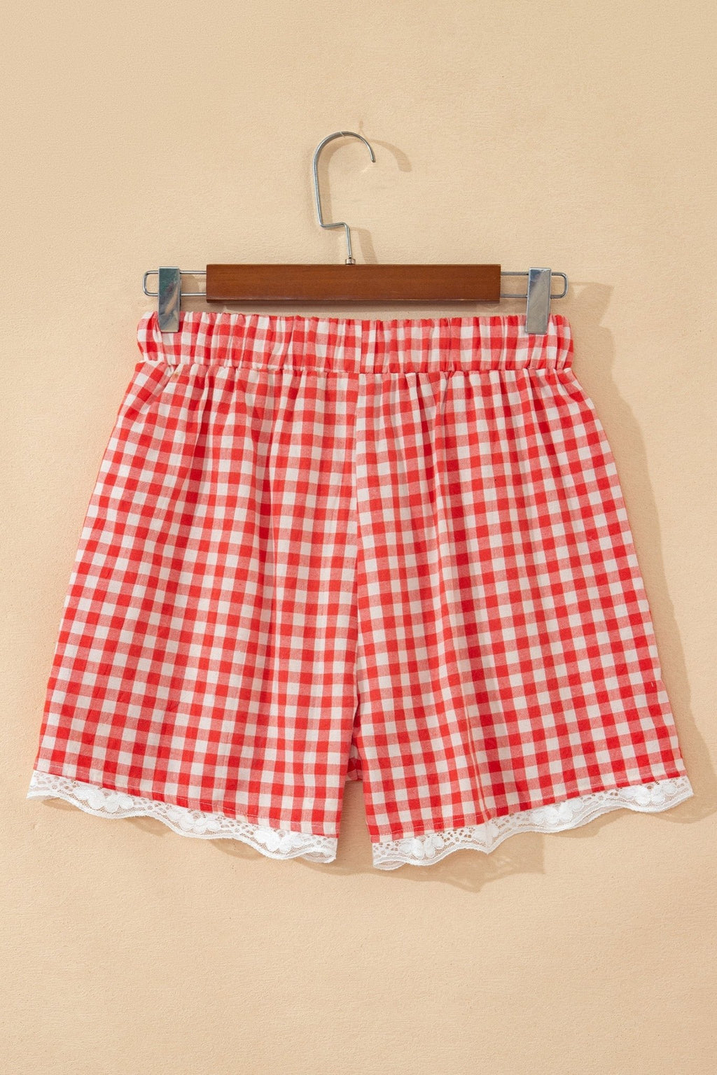 Gingham Plaid Tie Waist Lace Hem Shorts - Rooted & Reckless Co.