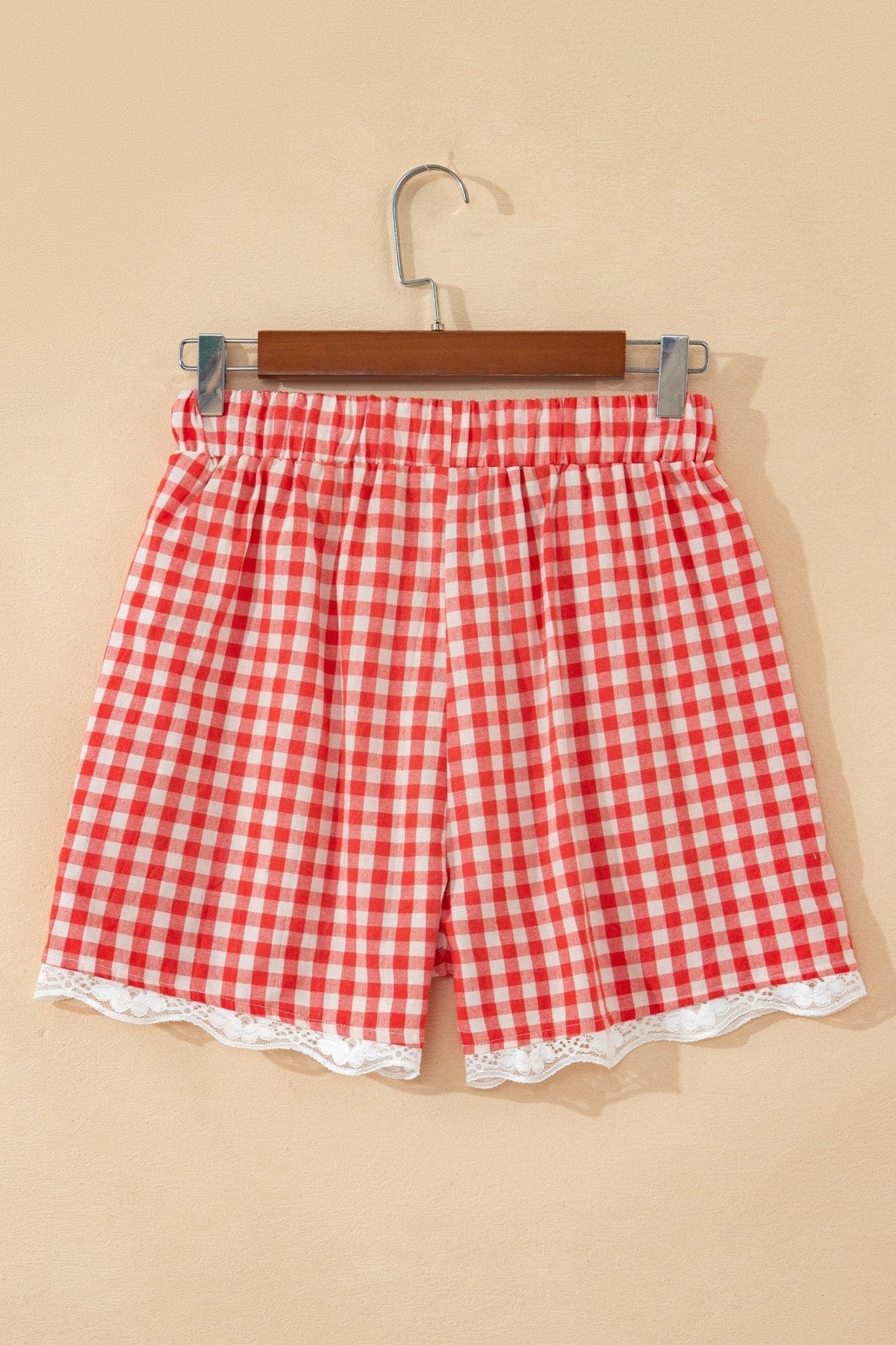 Gingham Plaid Tie Waist Lace Hem Shorts - Rooted & Reckless Co.