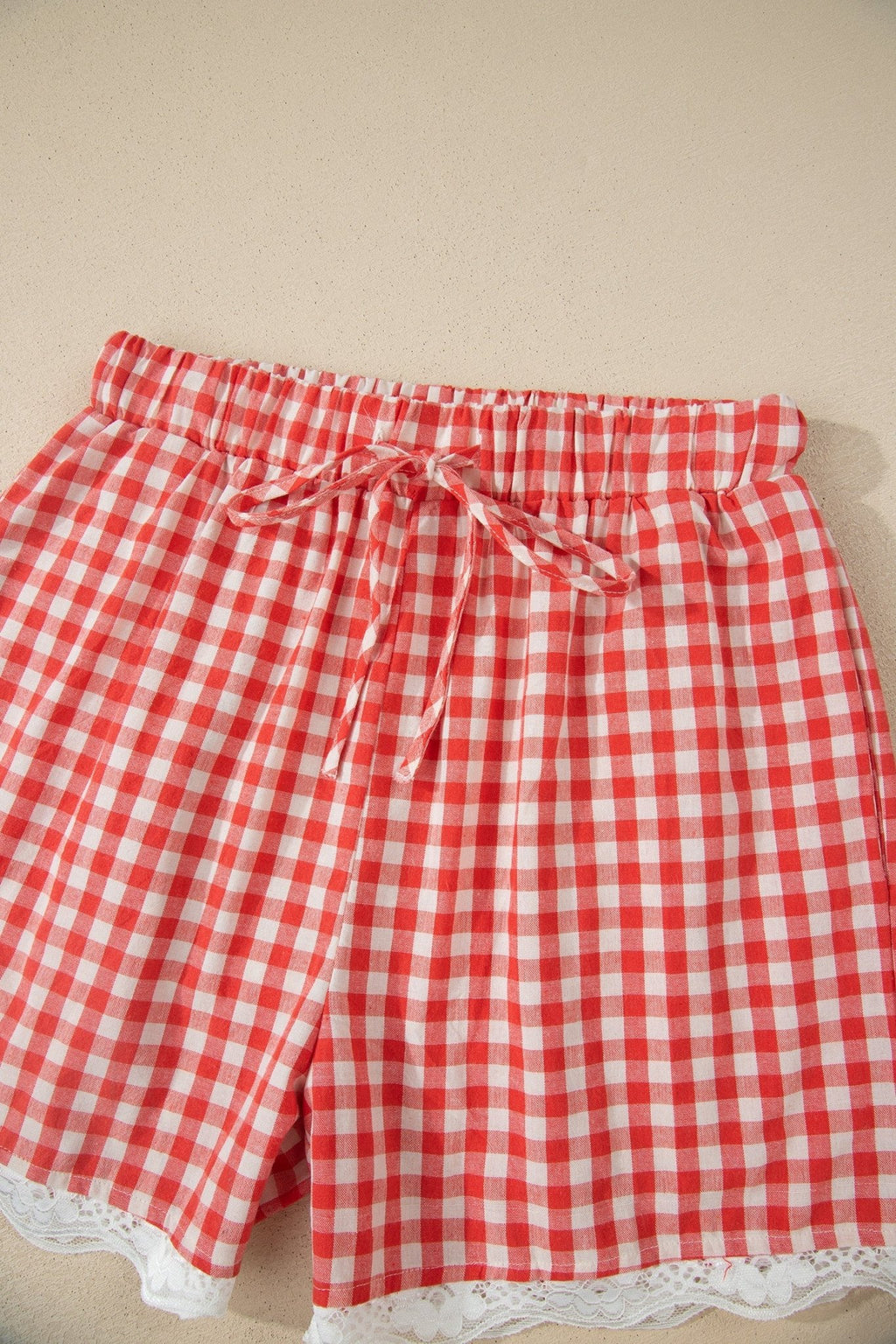 Gingham Plaid Tie Waist Lace Hem Shorts - Rooted & Reckless Co.