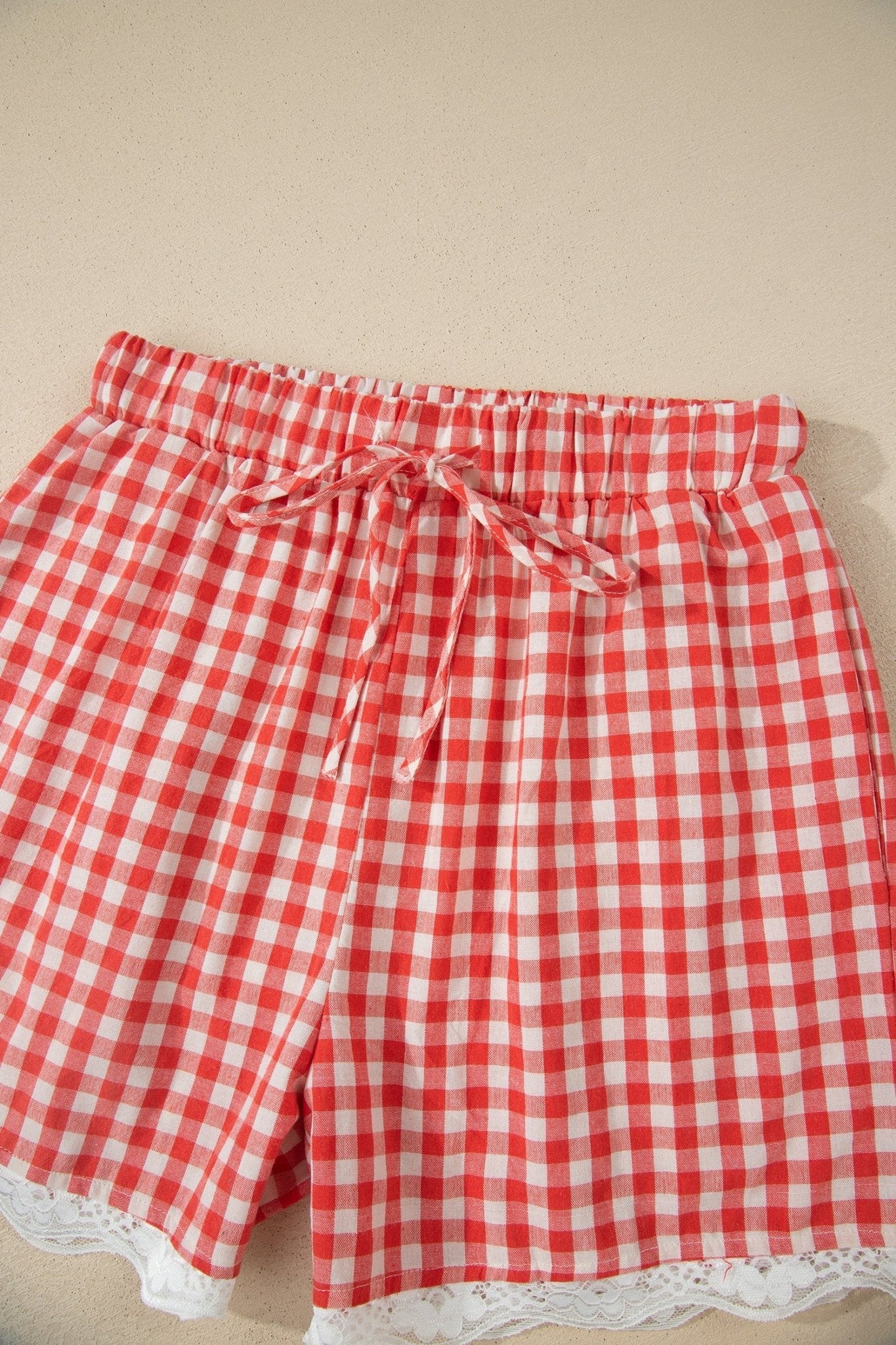 Gingham Plaid Tie Waist Lace Hem Shorts - Rooted & Reckless Co.