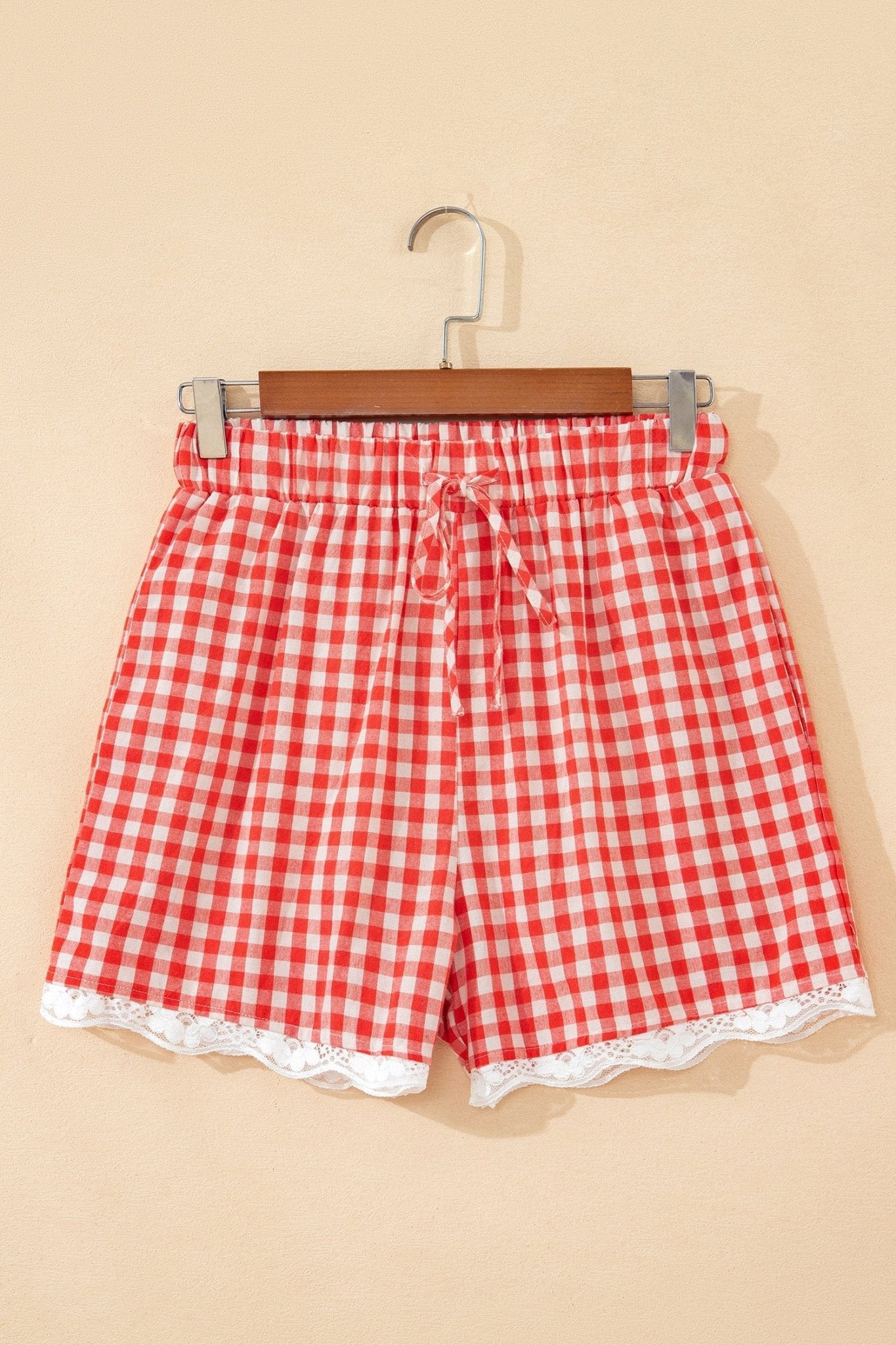 Gingham Plaid Tie Waist Lace Hem Shorts - Rooted & Reckless Co.