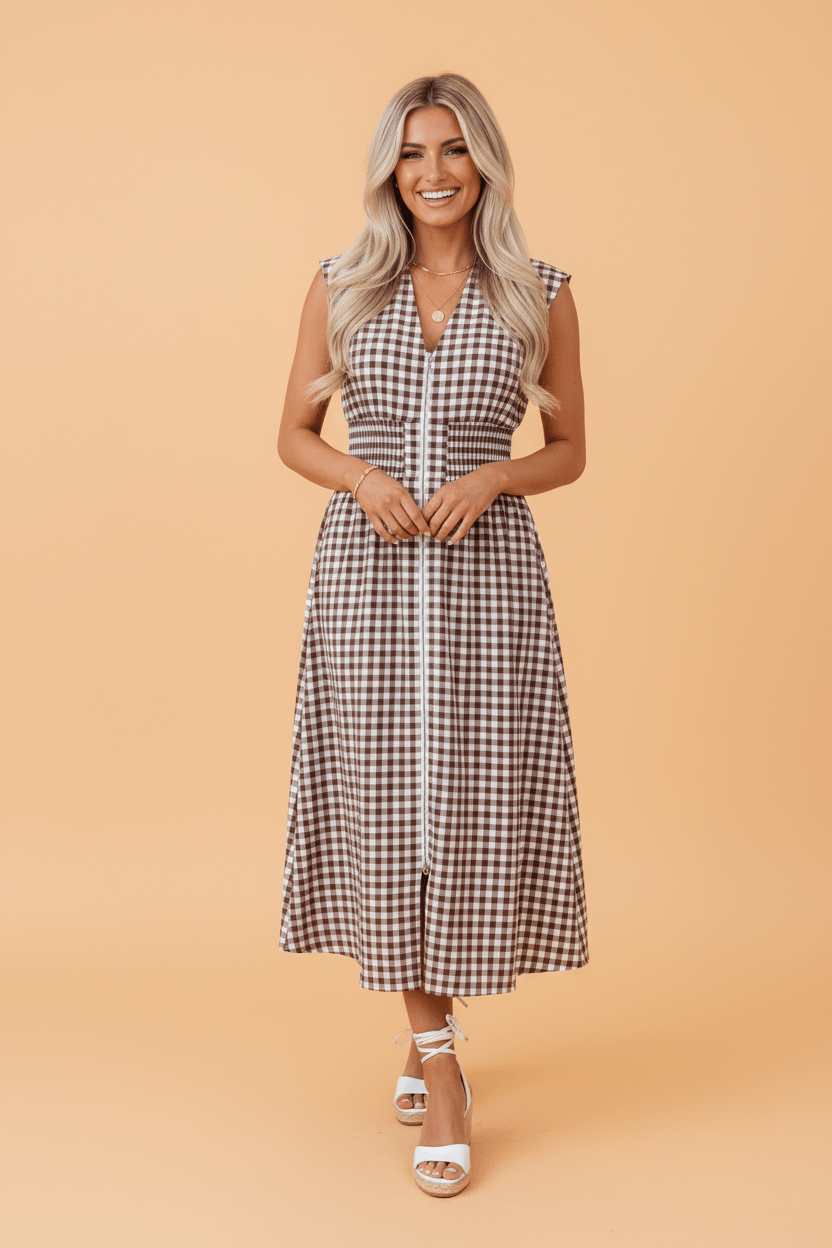 Gingham Plaid Zipped Cinched Waist Maxi Dress - Rooted & Reckless Co.