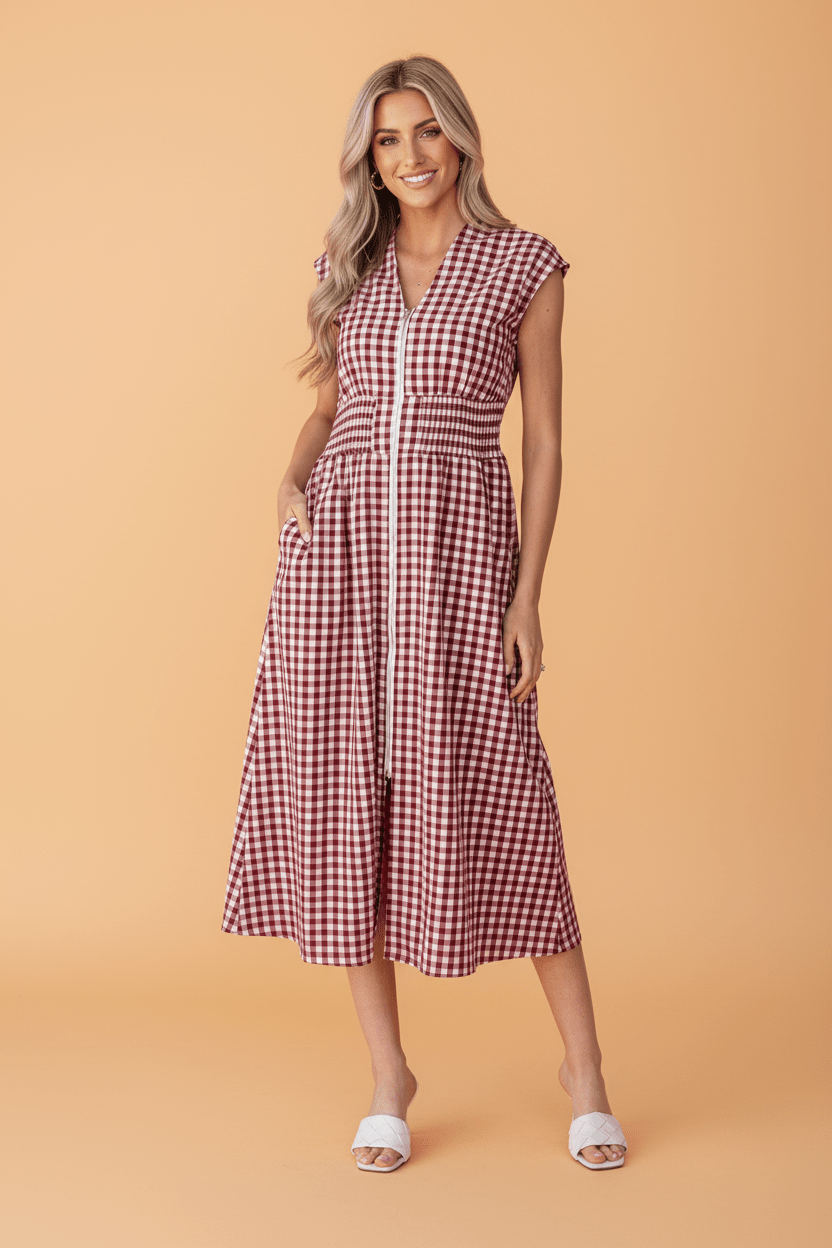 Gingham Plaid Zipped Cinched Waist Maxi Dress - Rooted & Reckless Co.