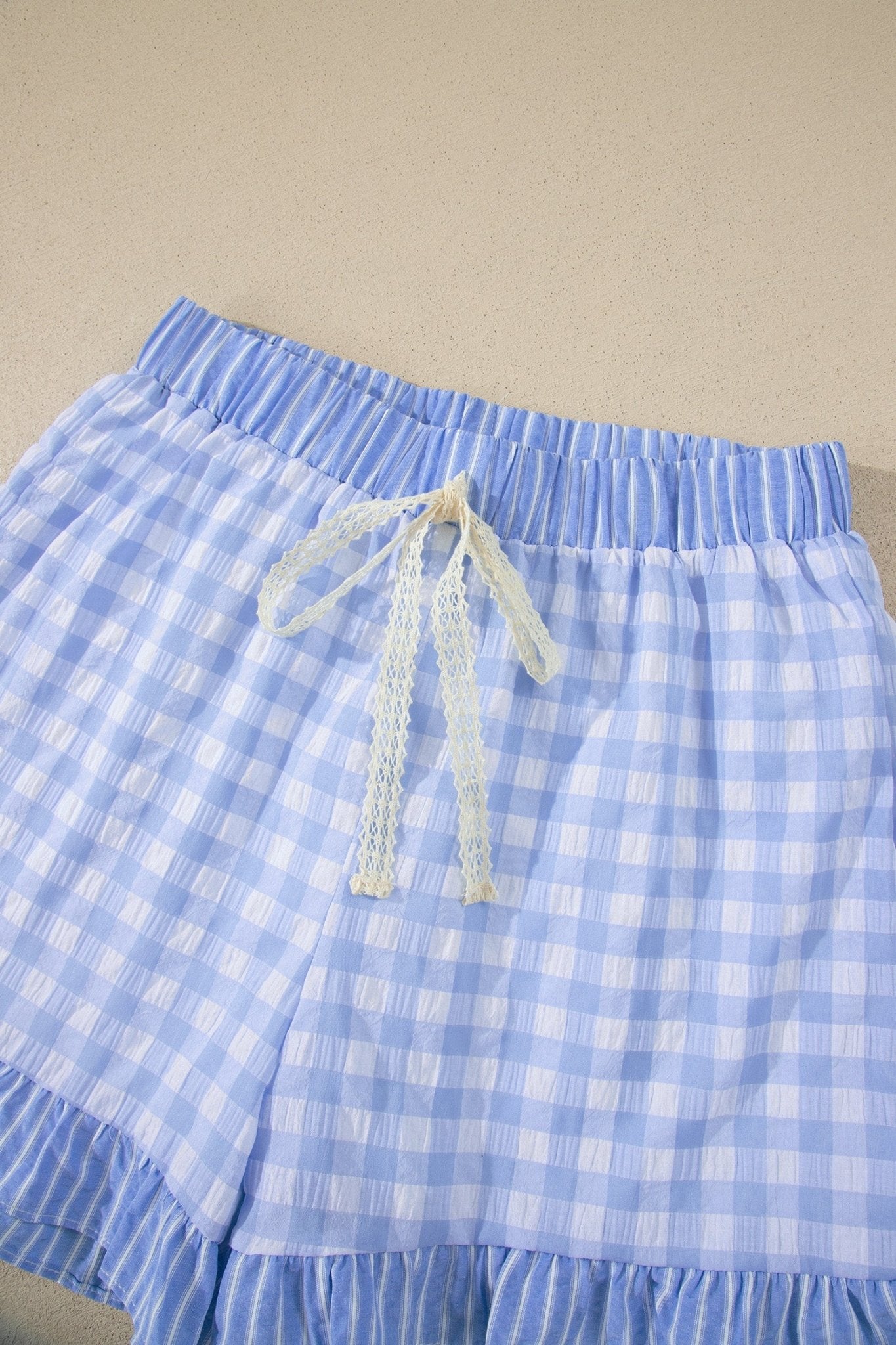Gingham Ruffle Stripe Patchwork Lace Tie Shorts - Rooted & Reckless Co.