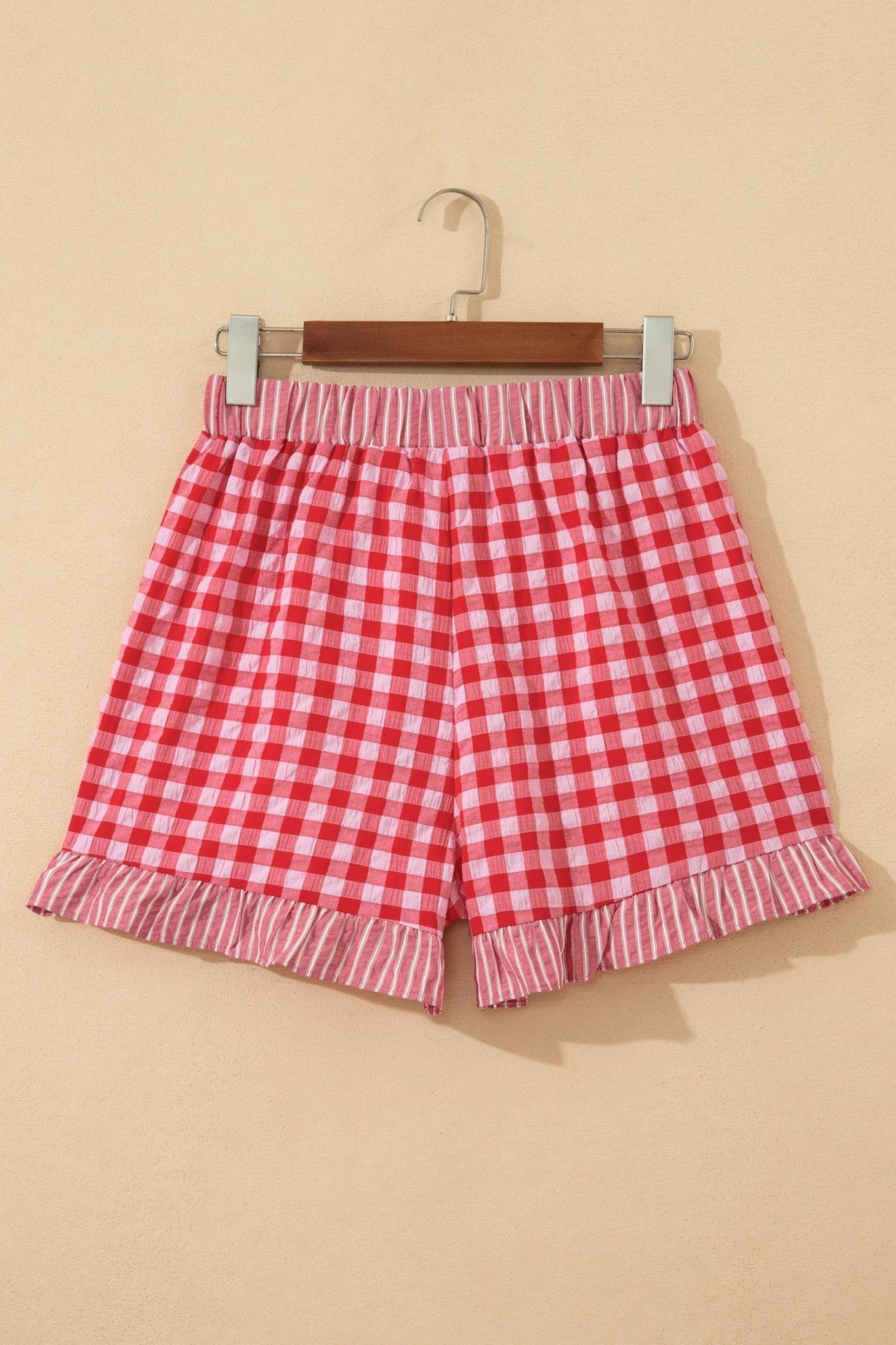 Gingham Ruffle Stripe Patchwork Lace Tie Shorts - Rooted & Reckless Co.