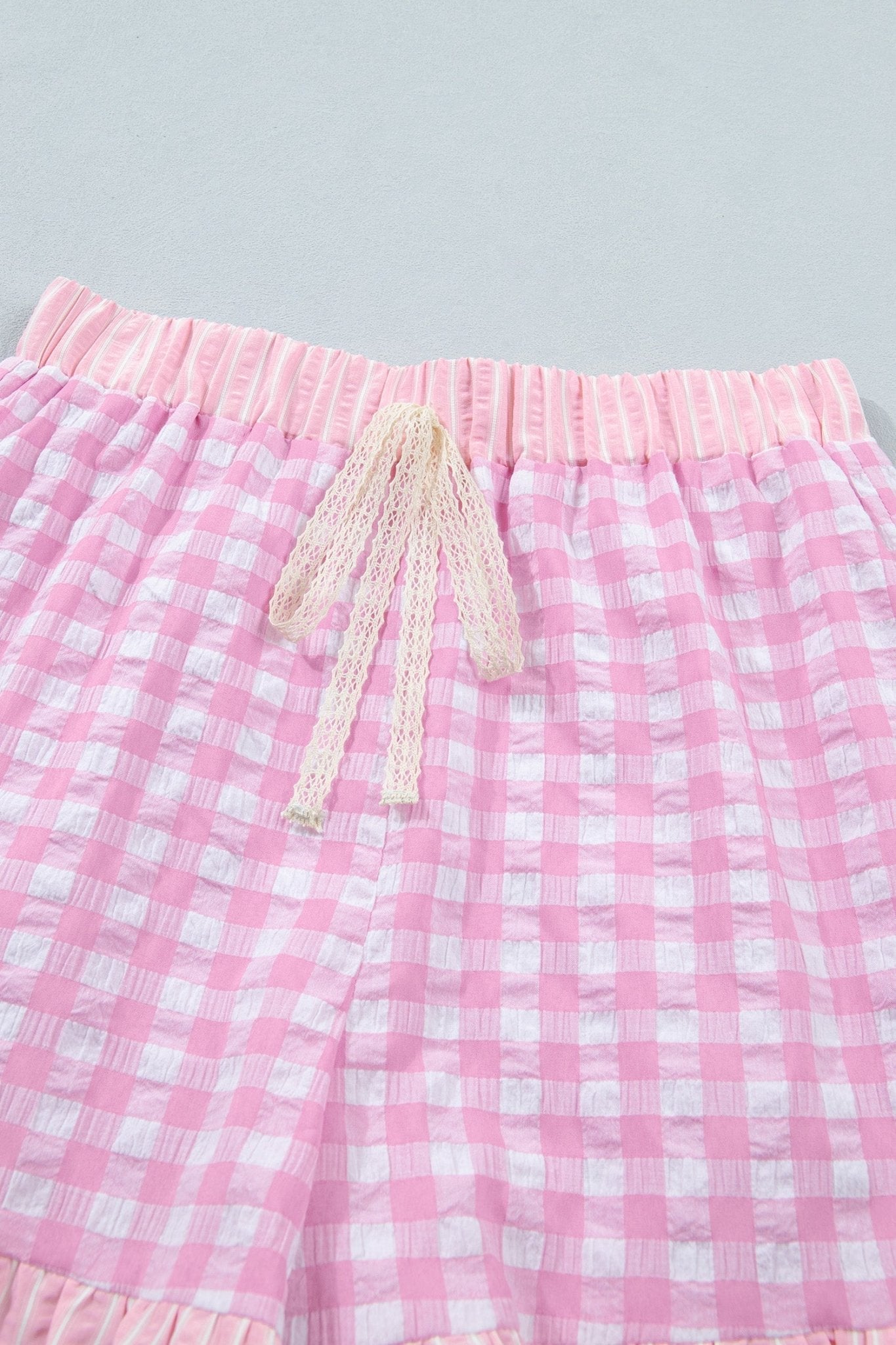 Gingham Ruffle Stripe Patchwork Lace Tie Shorts - Rooted & Reckless Co.