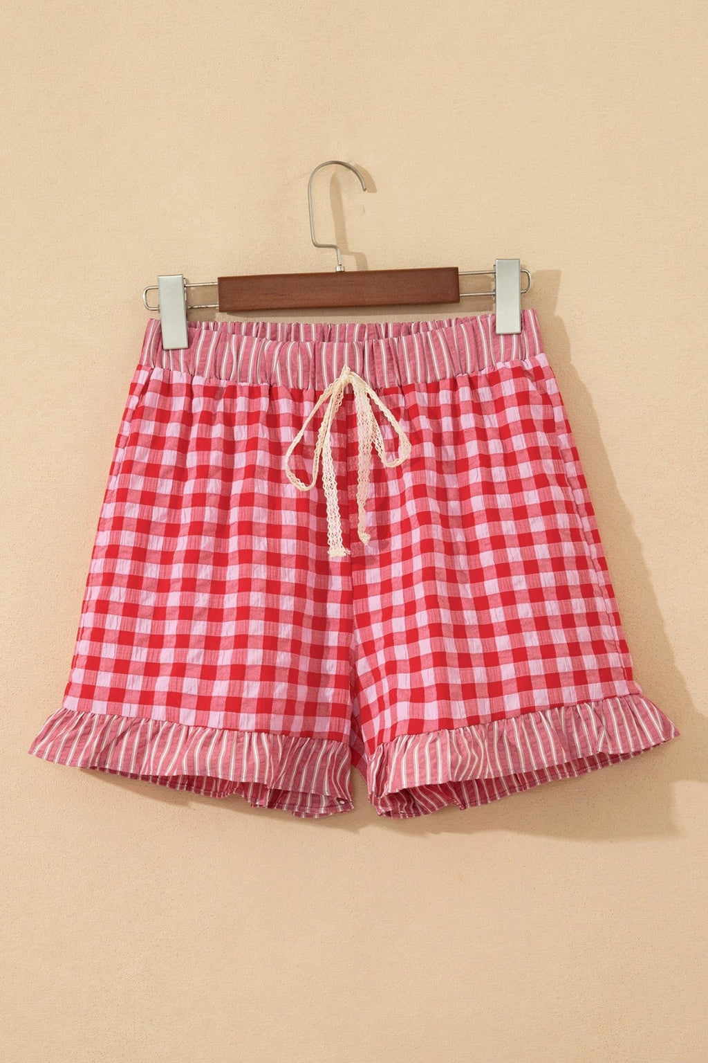Gingham Ruffle Stripe Patchwork Lace Tie Shorts - Rooted & Reckless Co.