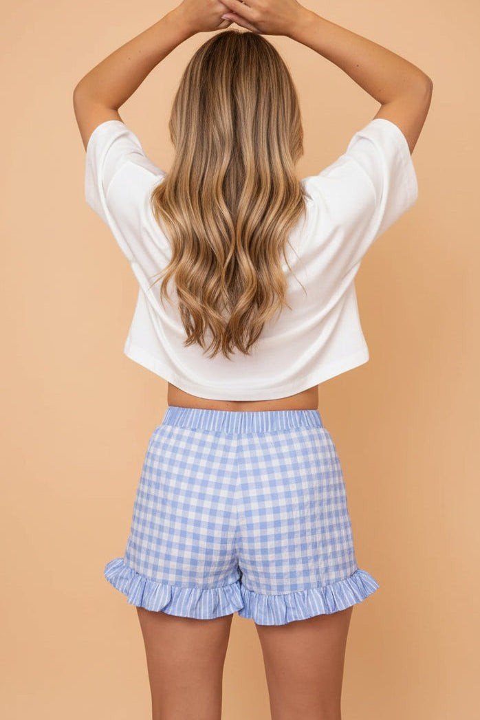 Gingham Ruffle Stripe Patchwork Lace Tie Shorts - Rooted & Reckless Co.