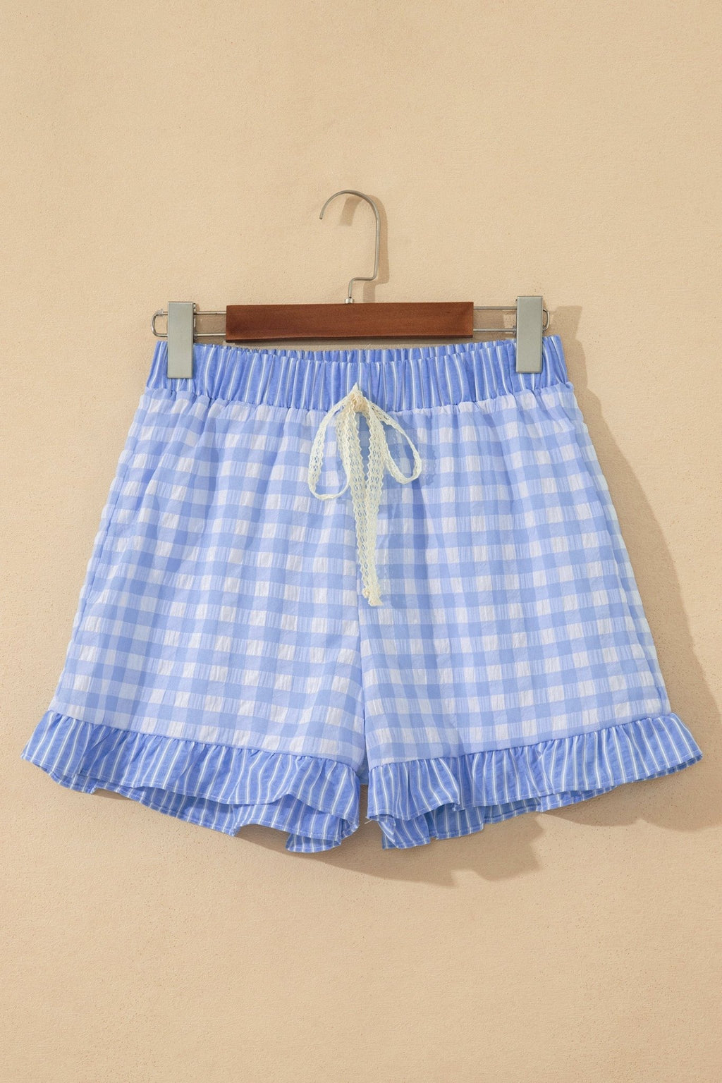 Gingham Ruffle Stripe Patchwork Lace Tie Shorts - Rooted & Reckless Co.