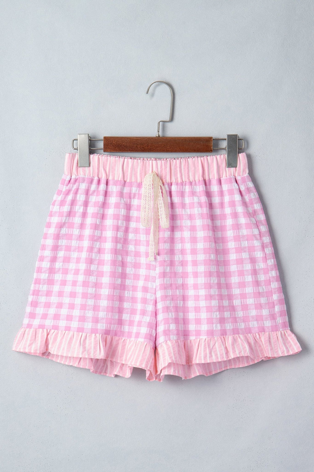 Gingham Ruffle Stripe Patchwork Lace Tie Shorts - Rooted & Reckless Co.