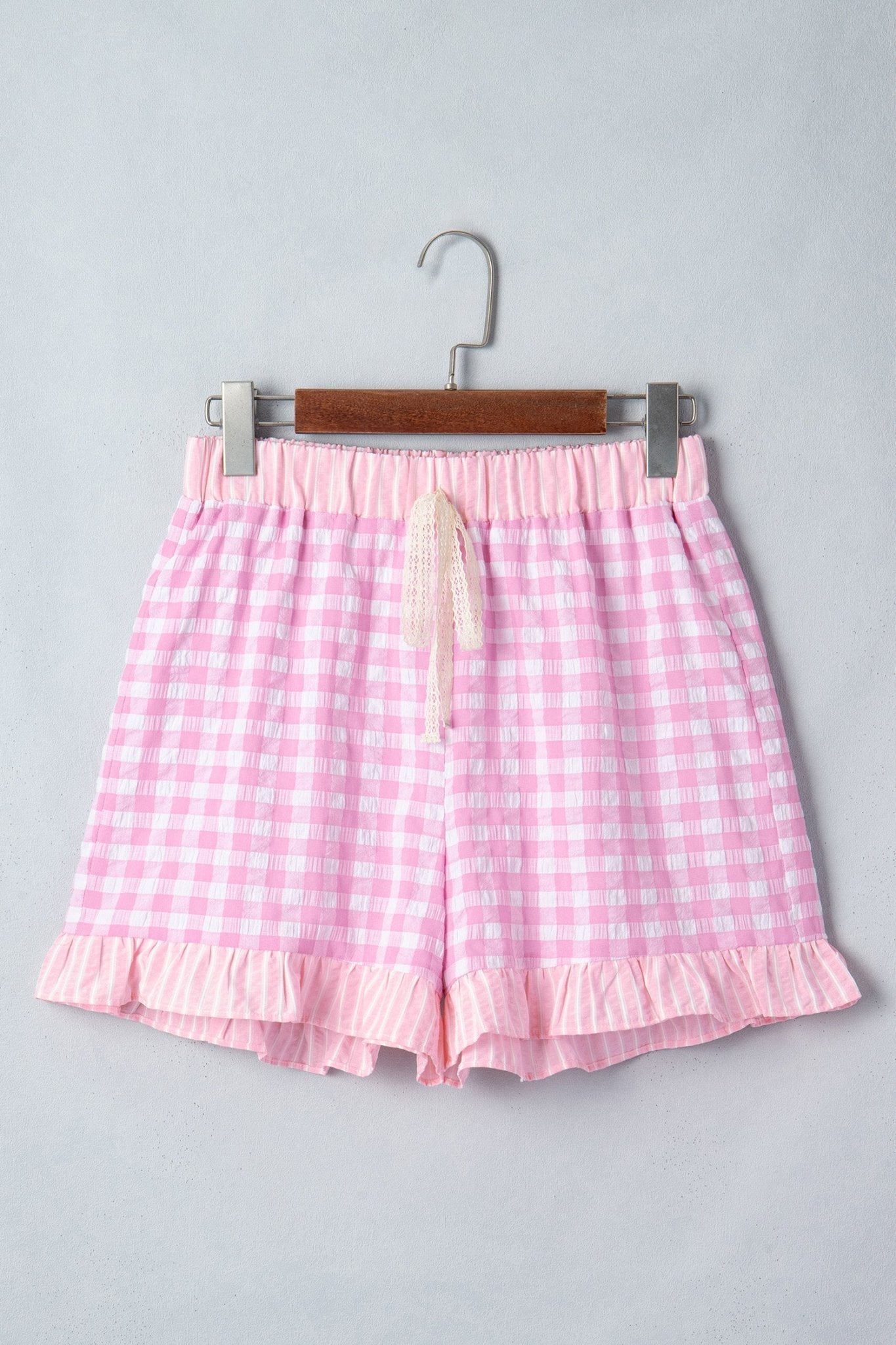 Gingham Ruffle Stripe Patchwork Lace Tie Shorts - Rooted & Reckless Co.