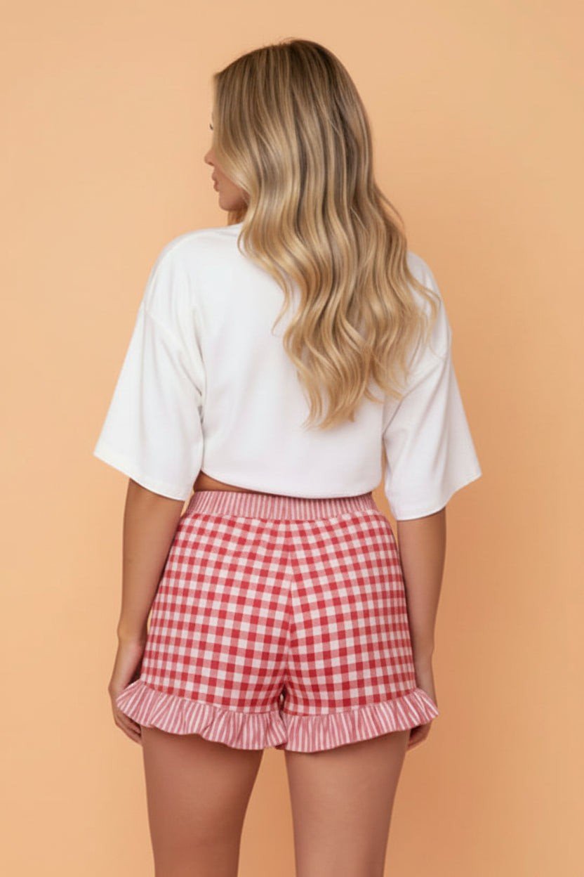 Gingham Ruffle Stripe Patchwork Lace Tie Shorts - Rooted & Reckless Co.