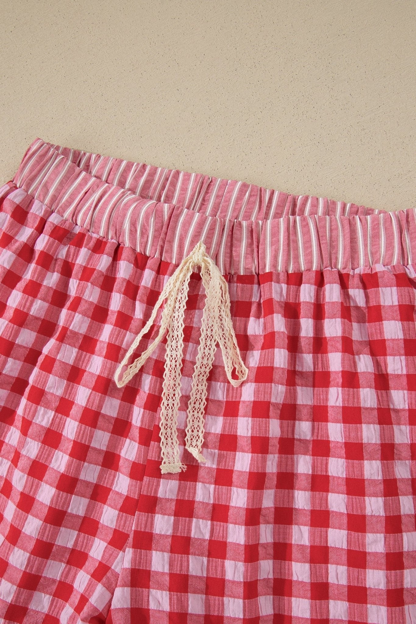 Gingham Ruffle Stripe Patchwork Lace Tie Shorts - Rooted & Reckless Co.
