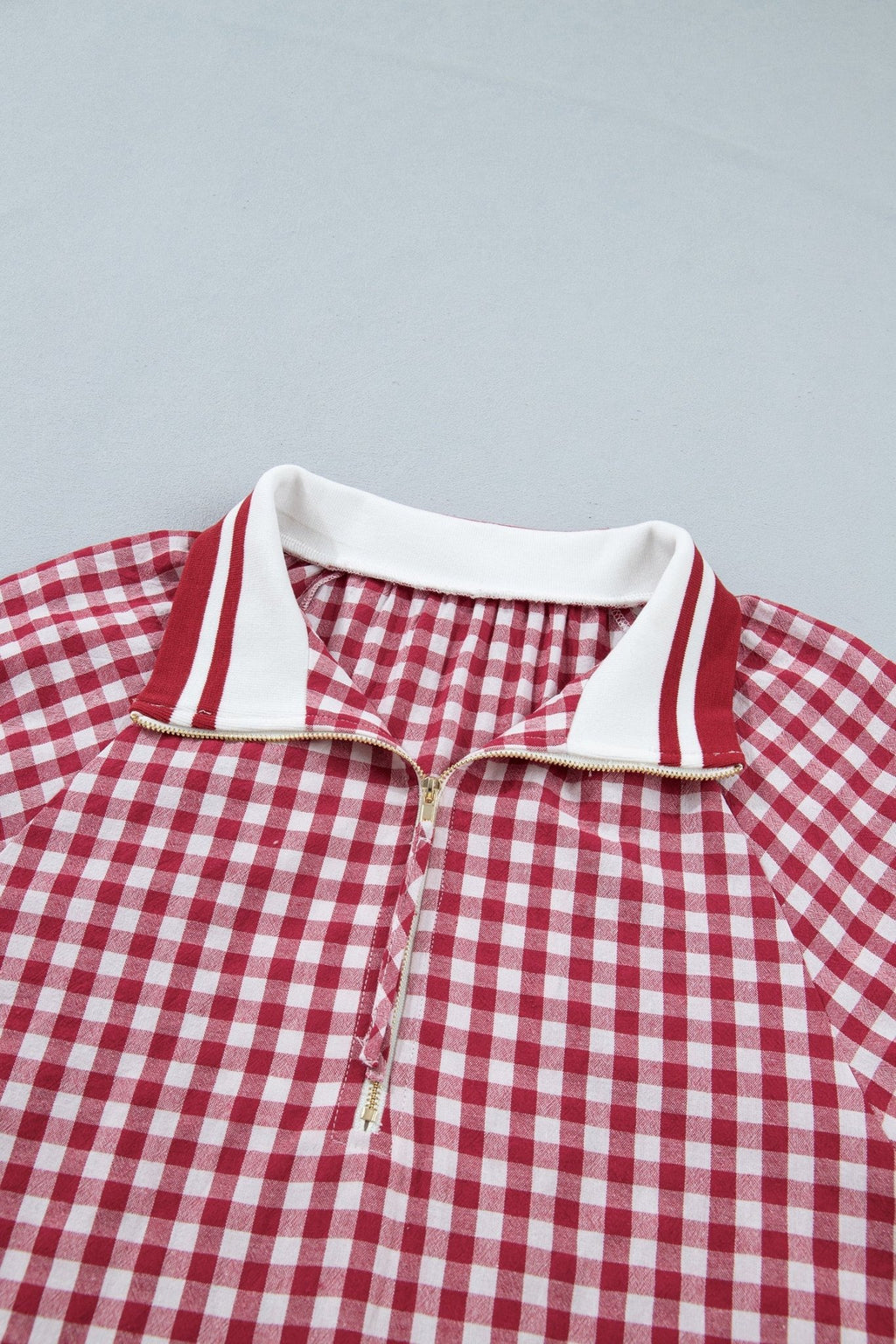 Gingham Stripe Patchwork Half Zip Collared Blouse - Rooted & Reckless Co.