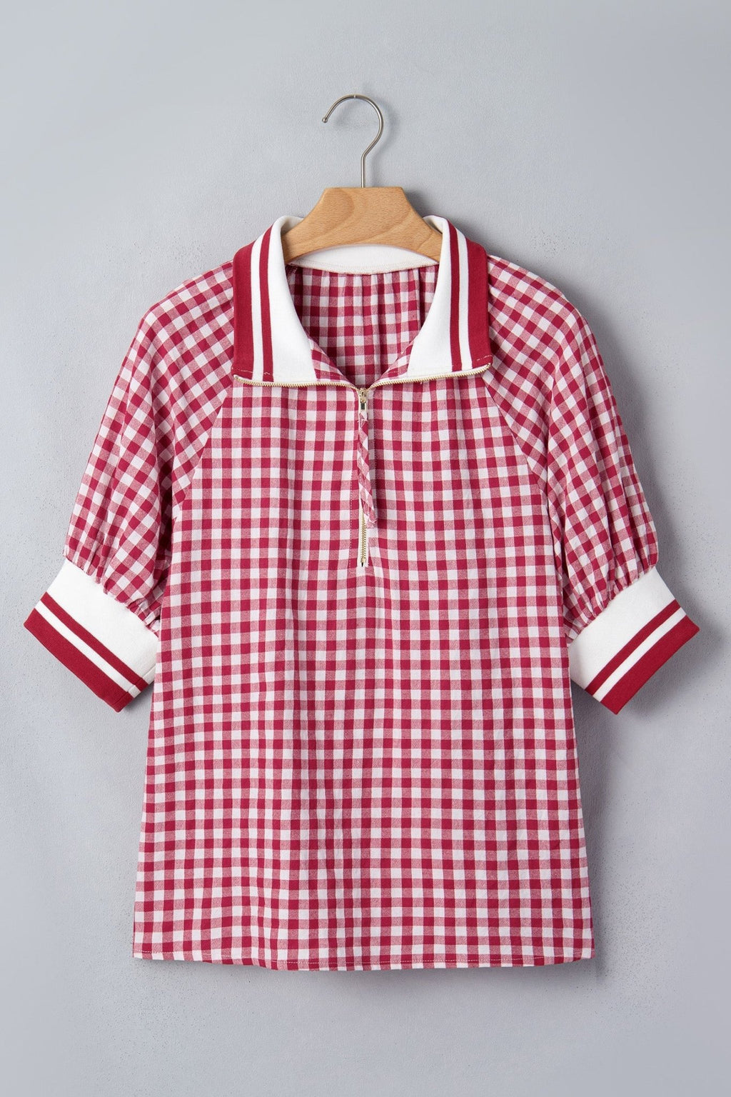Gingham Stripe Patchwork Half Zip Collared Blouse - Rooted & Reckless Co.