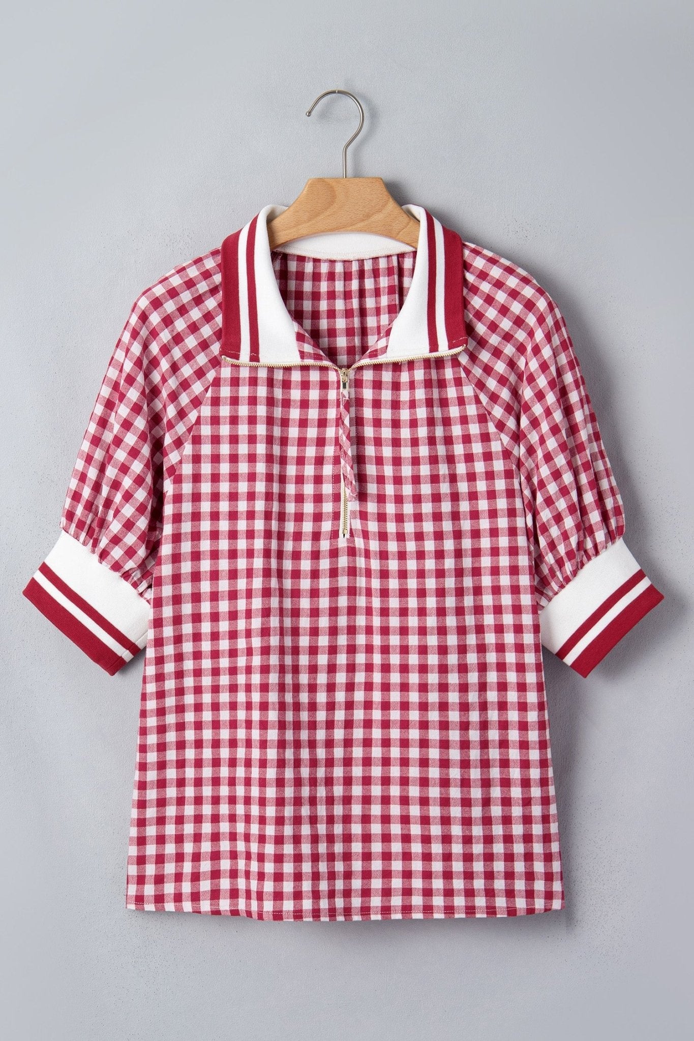 Gingham Stripe Patchwork Half Zip Collared Blouse - Rooted & Reckless Co.
