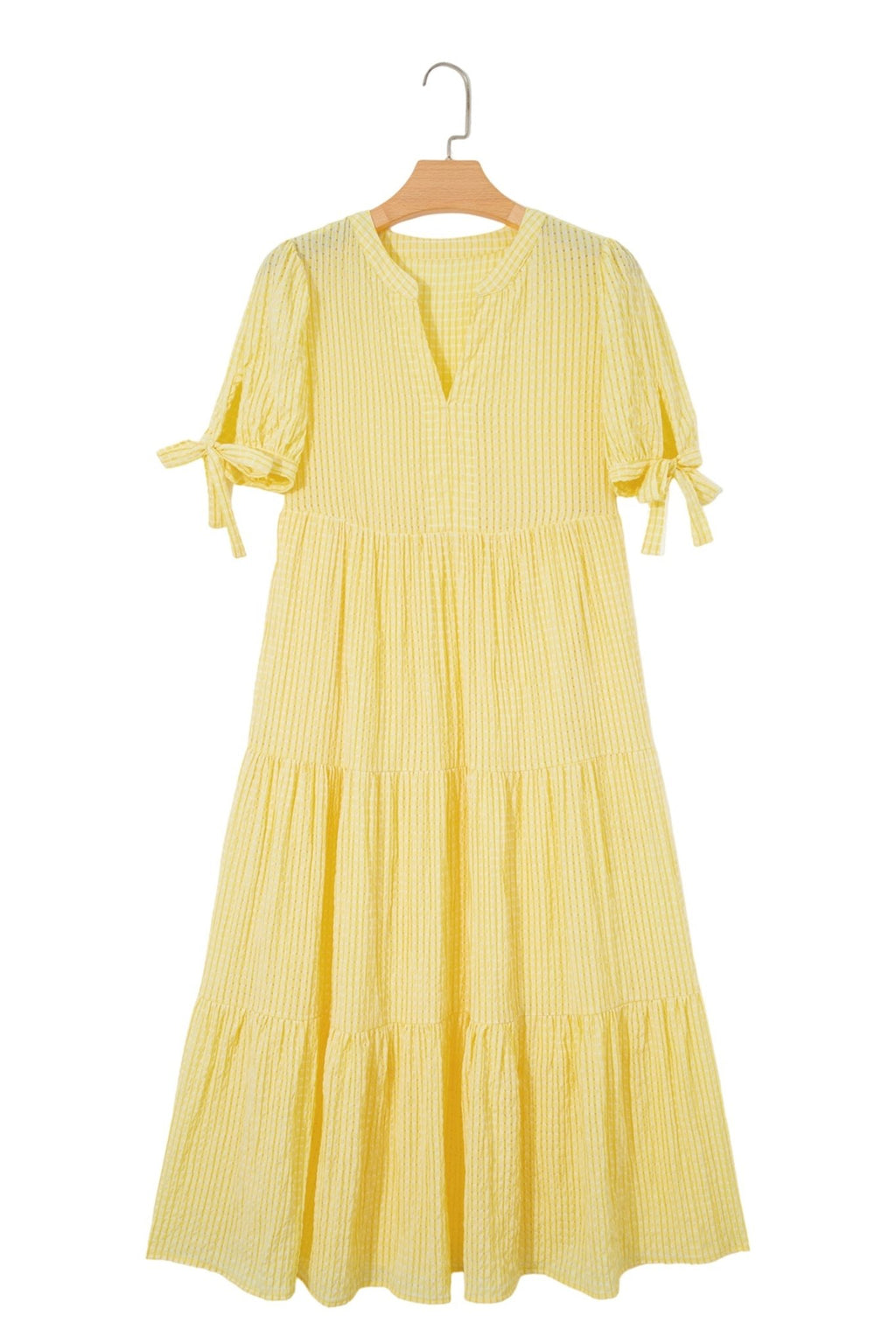 Gingham Textured Bow Tie Tiered Midi Dress - Rooted & Reckless Co.