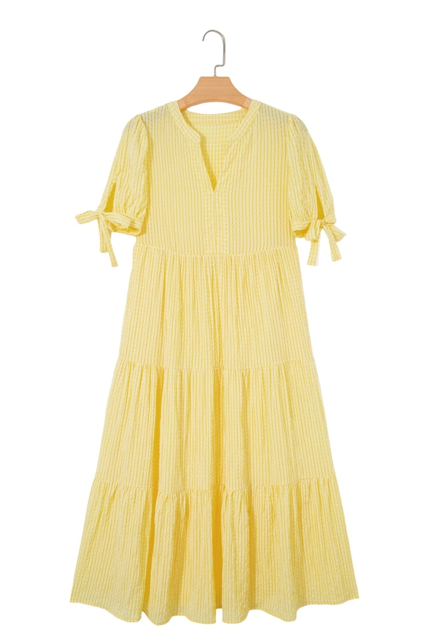 Gingham Textured Bow Tie Tiered Midi Dress - Rooted & Reckless Co.