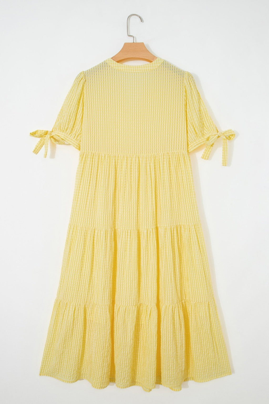Gingham Textured Bow Tie Tiered Midi Dress - Rooted & Reckless Co.